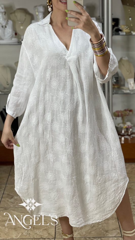 Embroidered Linen OS Midi Dress