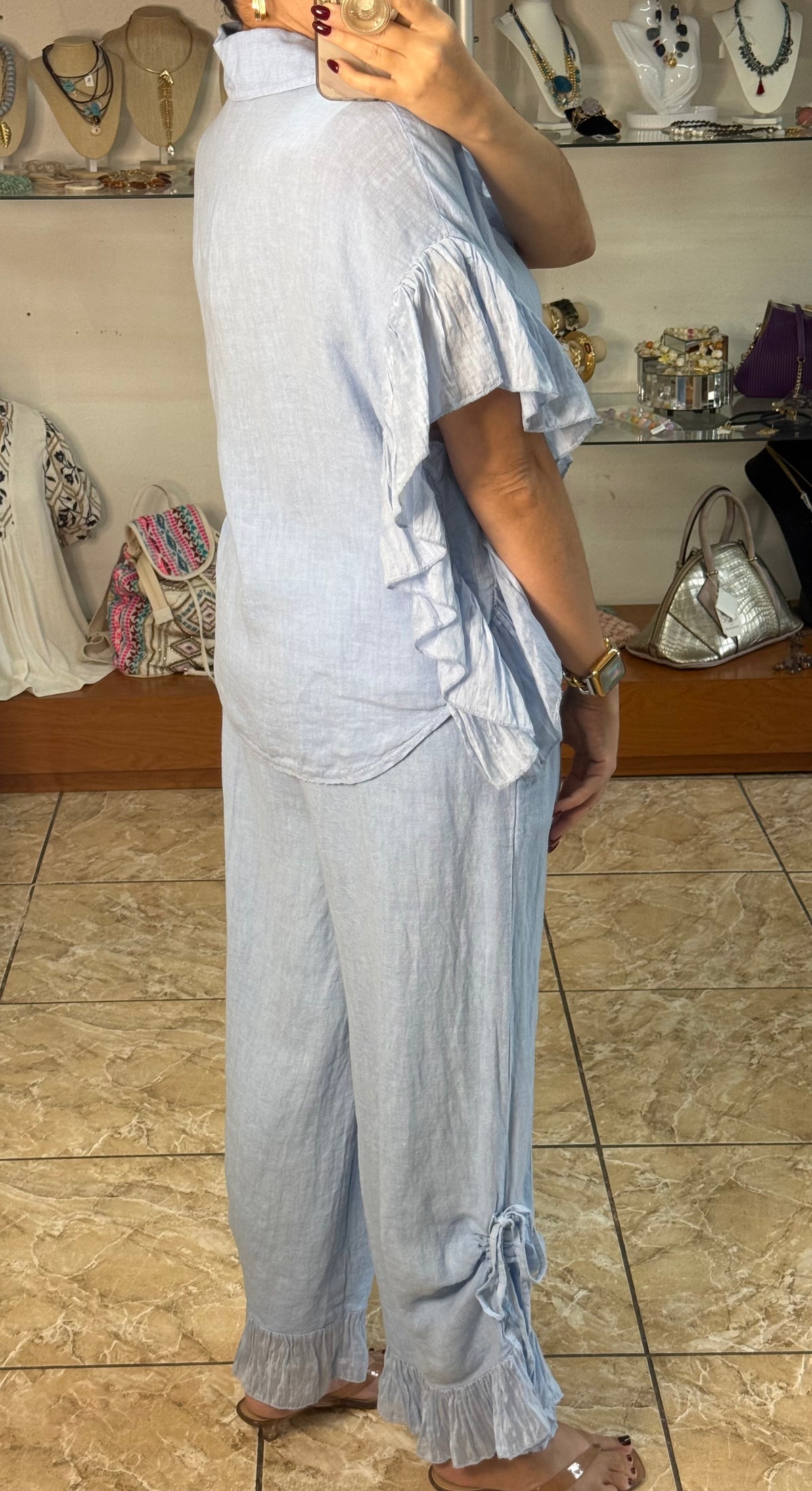 OS Linen Ruffle Top & Pant Set (NO RETURNS OR EXCHANGE)