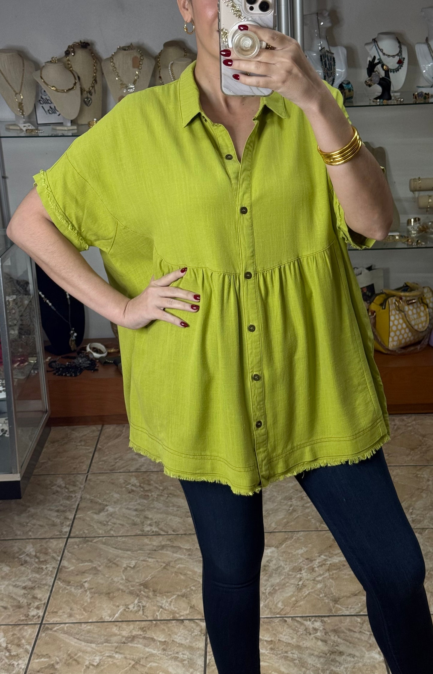 Avocado Green Linen Mix Oversize Top (FINAL SALE)