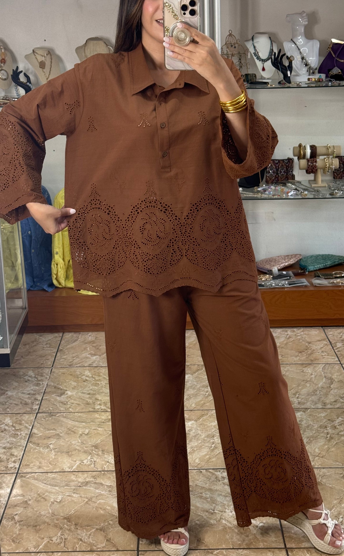 Chocolate Embroidered OS Pant Set (NO RETURNS OR EXCHANGE)