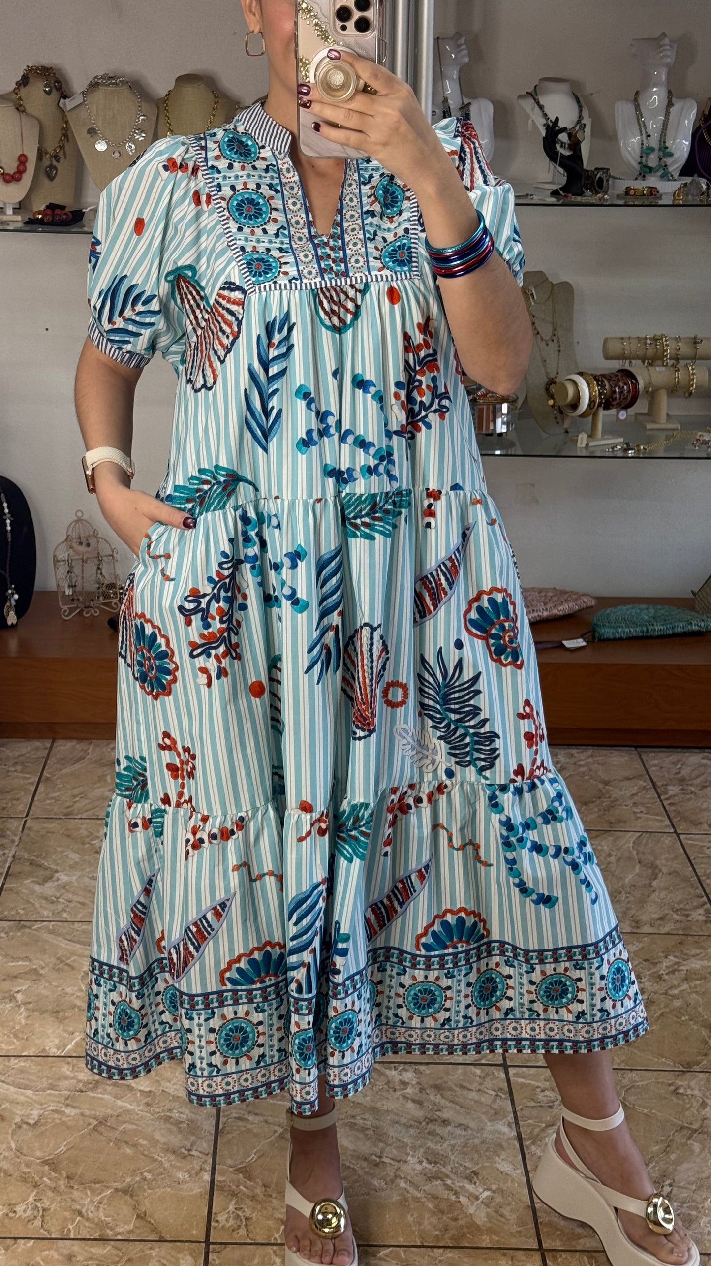 Blue Stripes and Shells Midi Dress