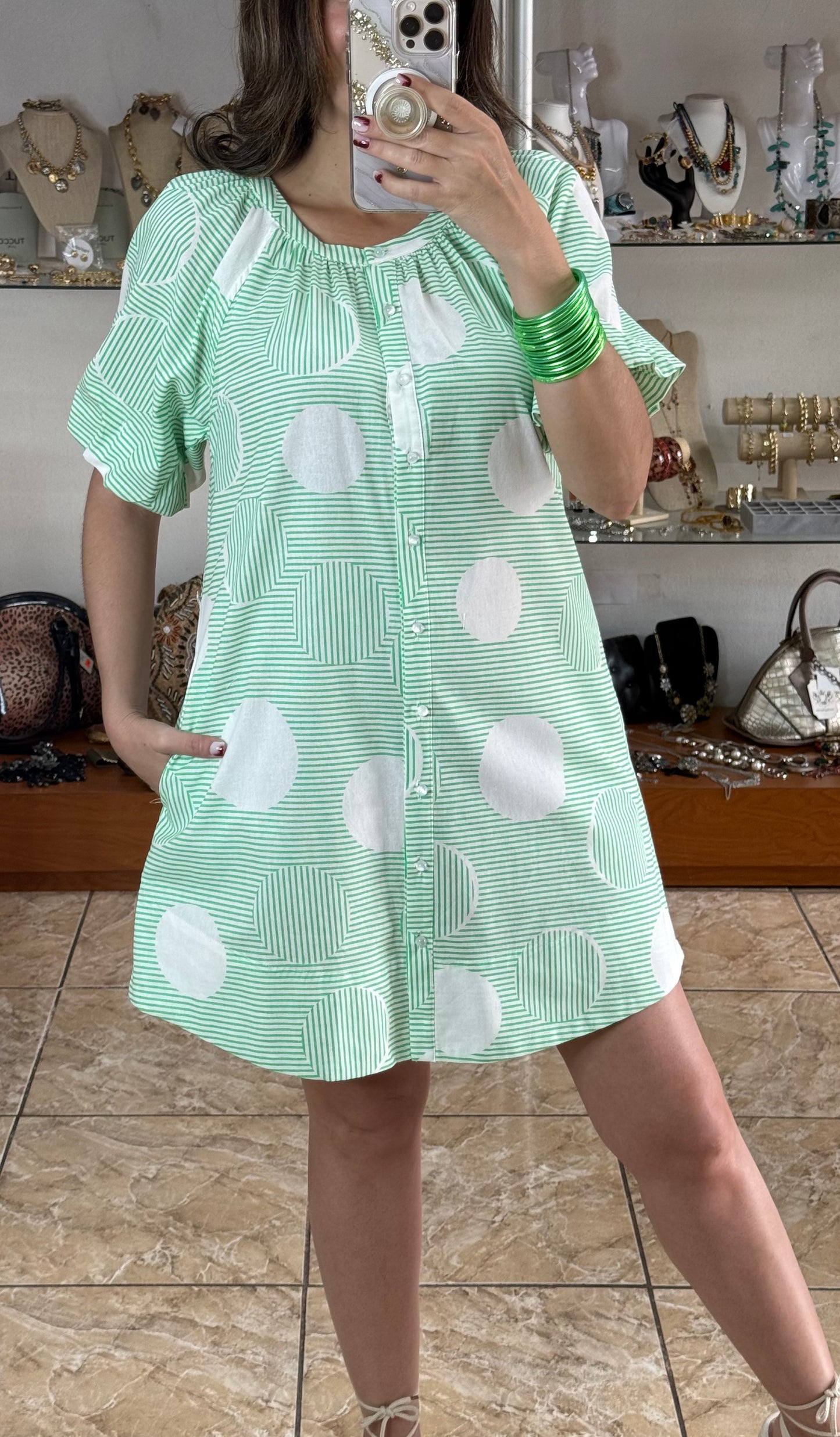 Green Stripes Polka Mini Dress