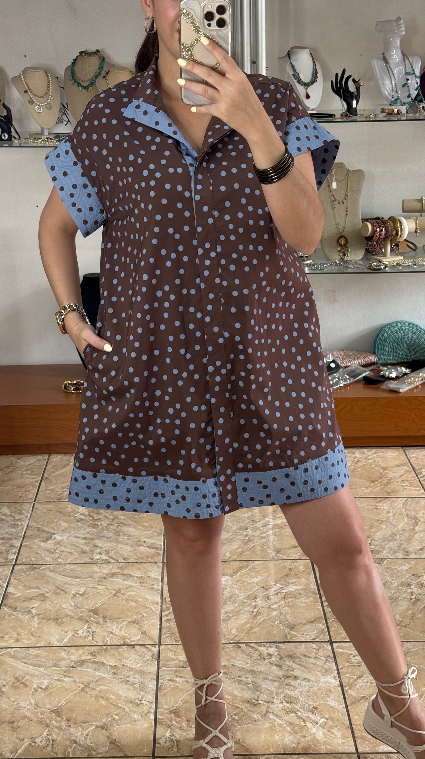 Brown/Blue Polkadots Mini Dress