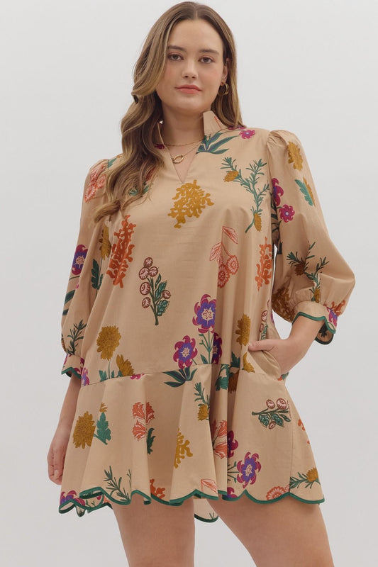 Taupe Floral Puff Sleeve Mini Dress (PLUS)