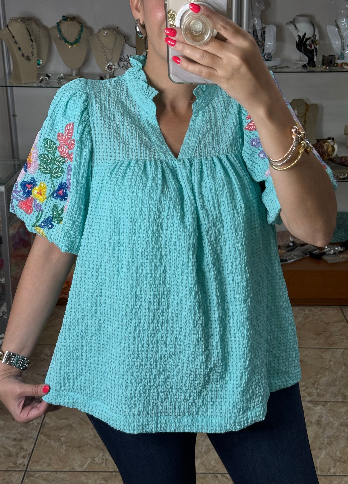 Mint Blue Embroidered Top