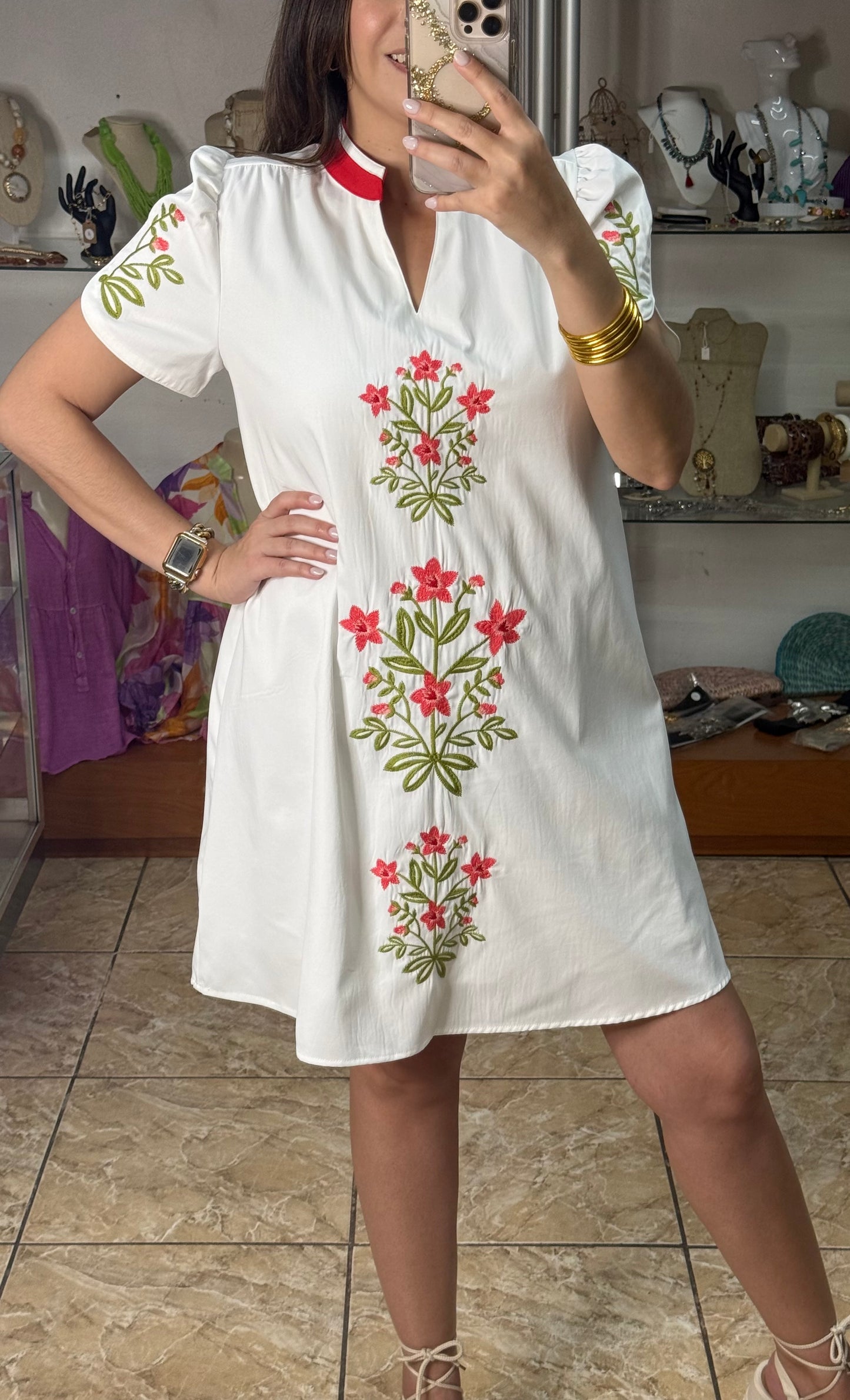 White Floral Embroidered Dress