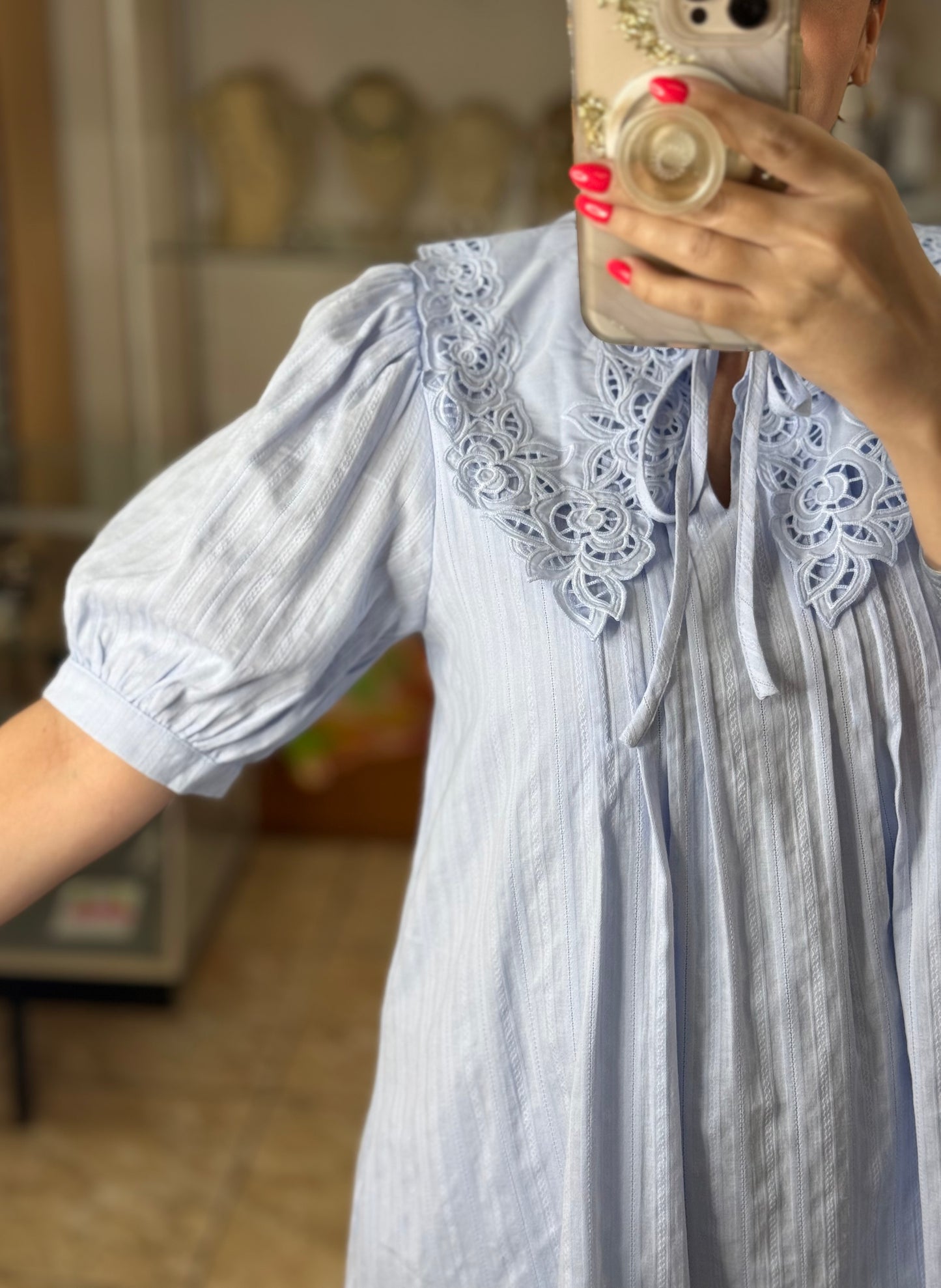 Eyelet Collard Mini Dress (Blue)