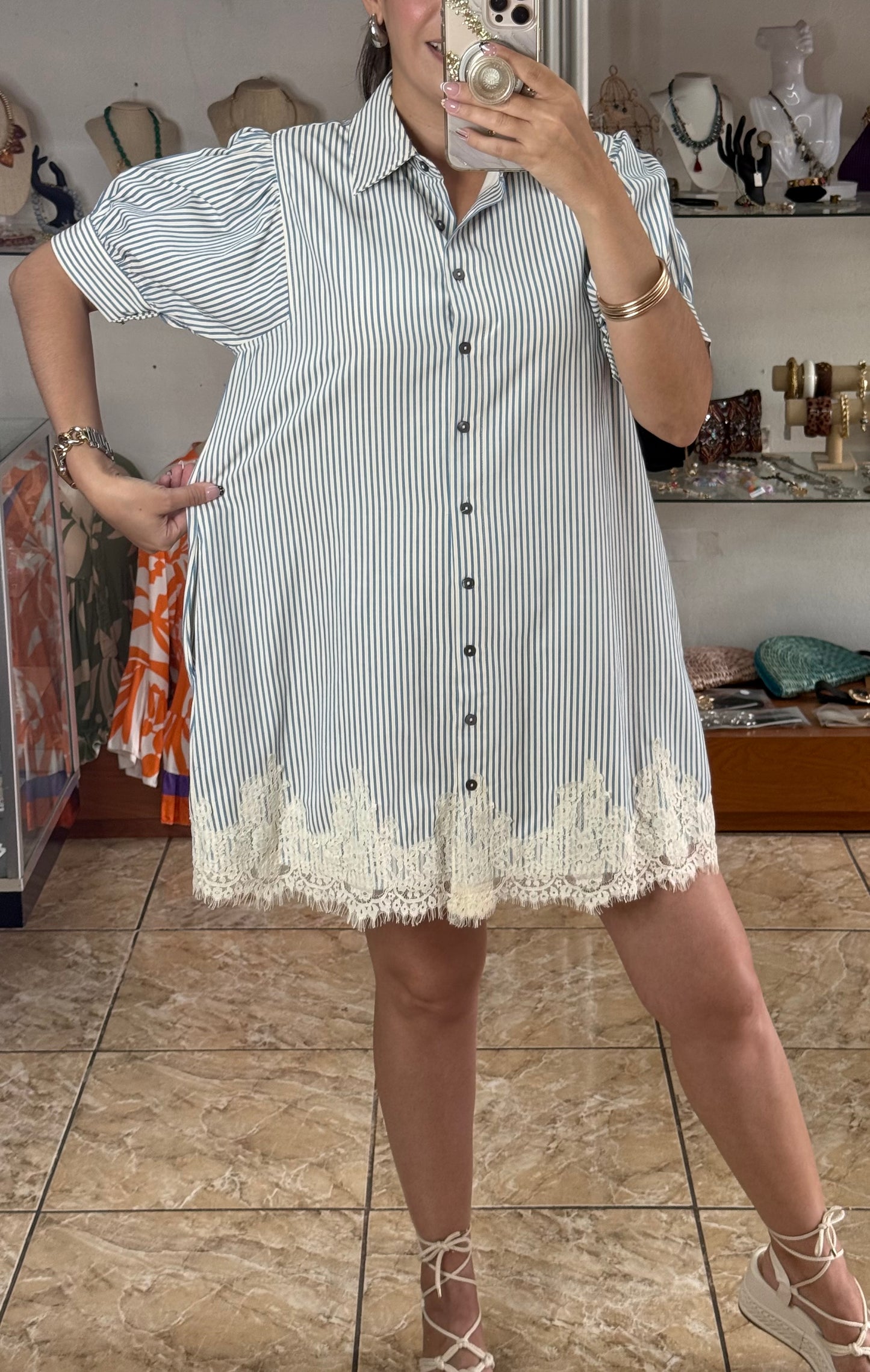 Chambray Stripes/Lace Mini Dress