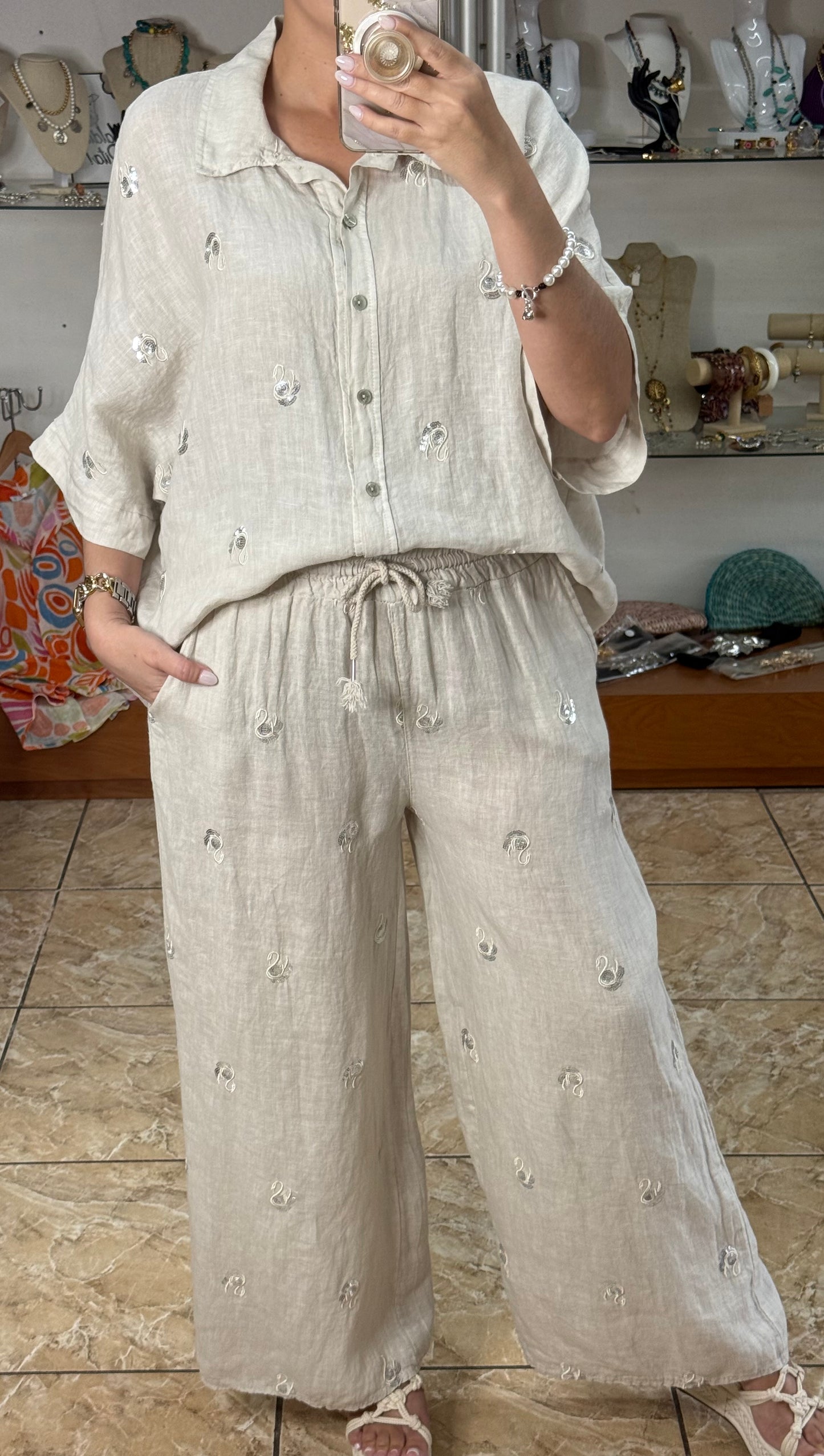 Swans Sequins OS Linen Pant Set (NO RETURNS OR EXCHANGE)