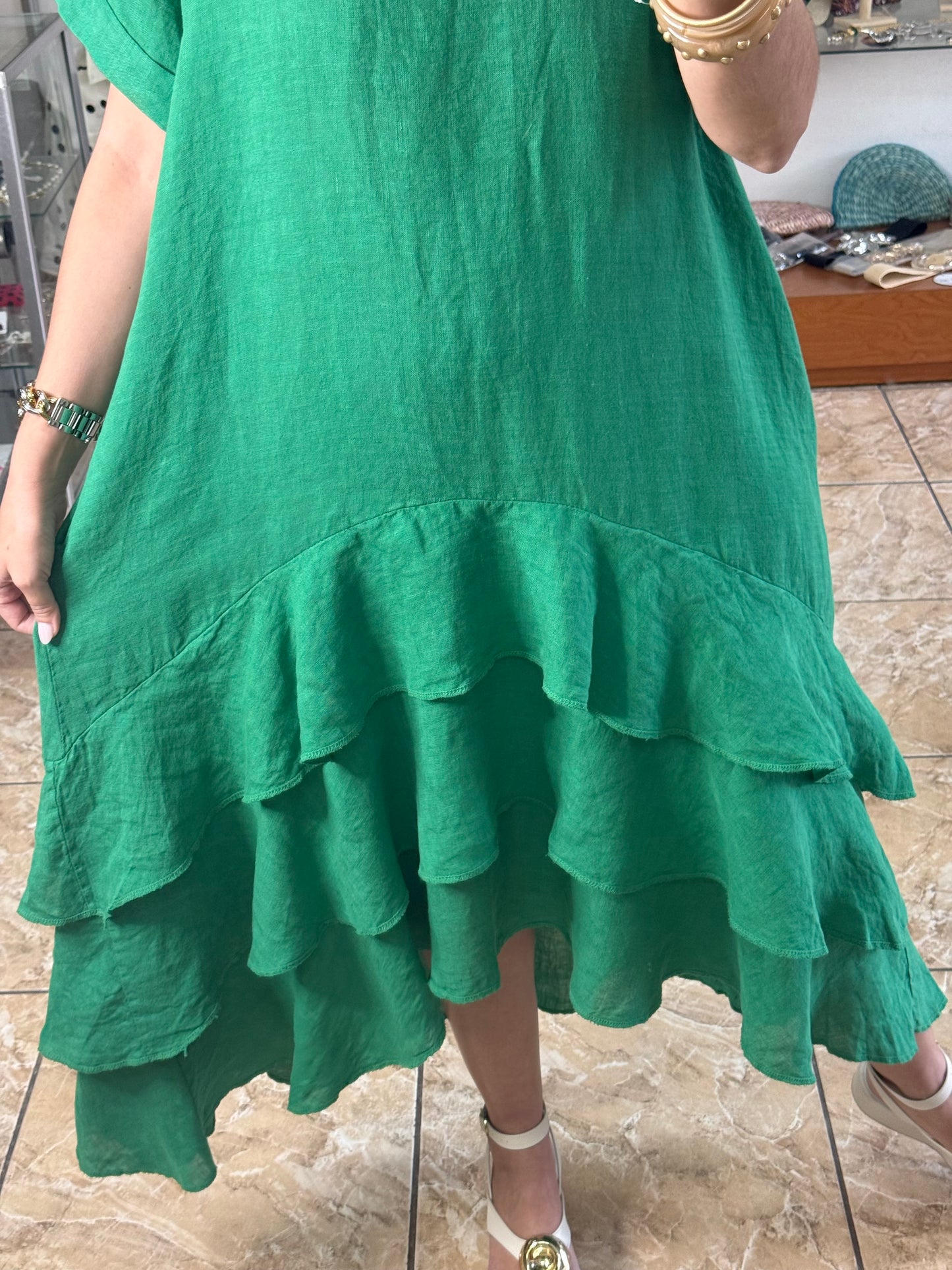 OS Ruffle Tiered Linen Midi Dress (NO RETURNS OR EXCHANGE)