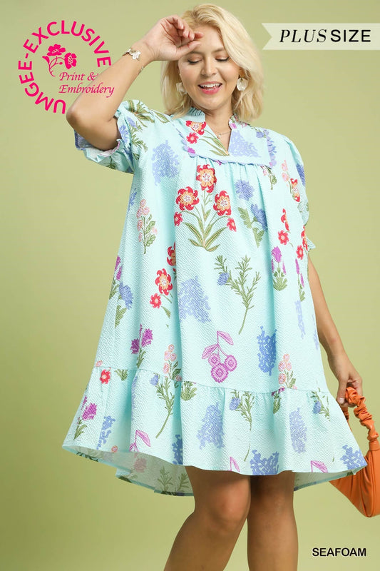 Multi Flower Print V-Neck Dress (PLUS)