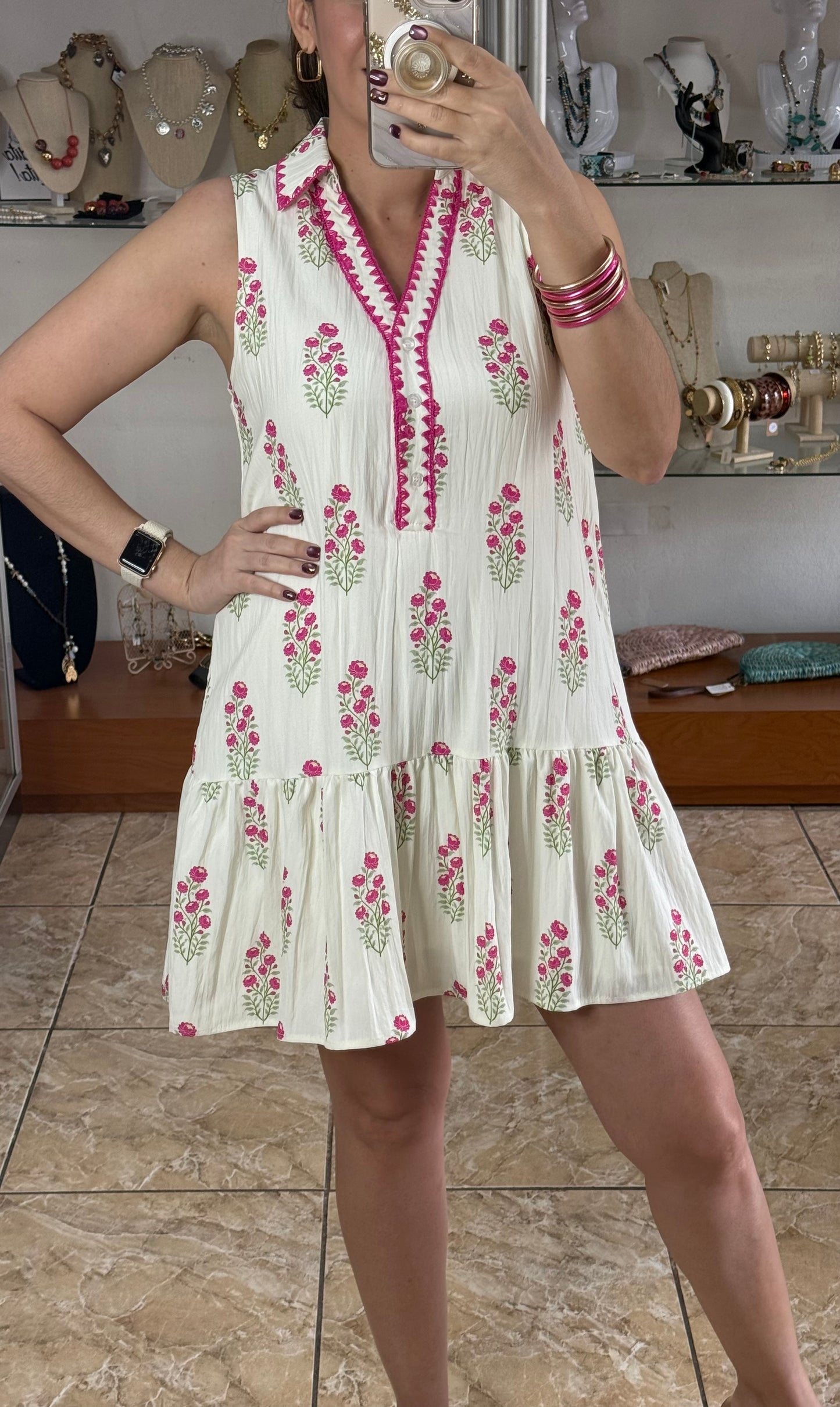 Cream/Pink Floral Mini Dress