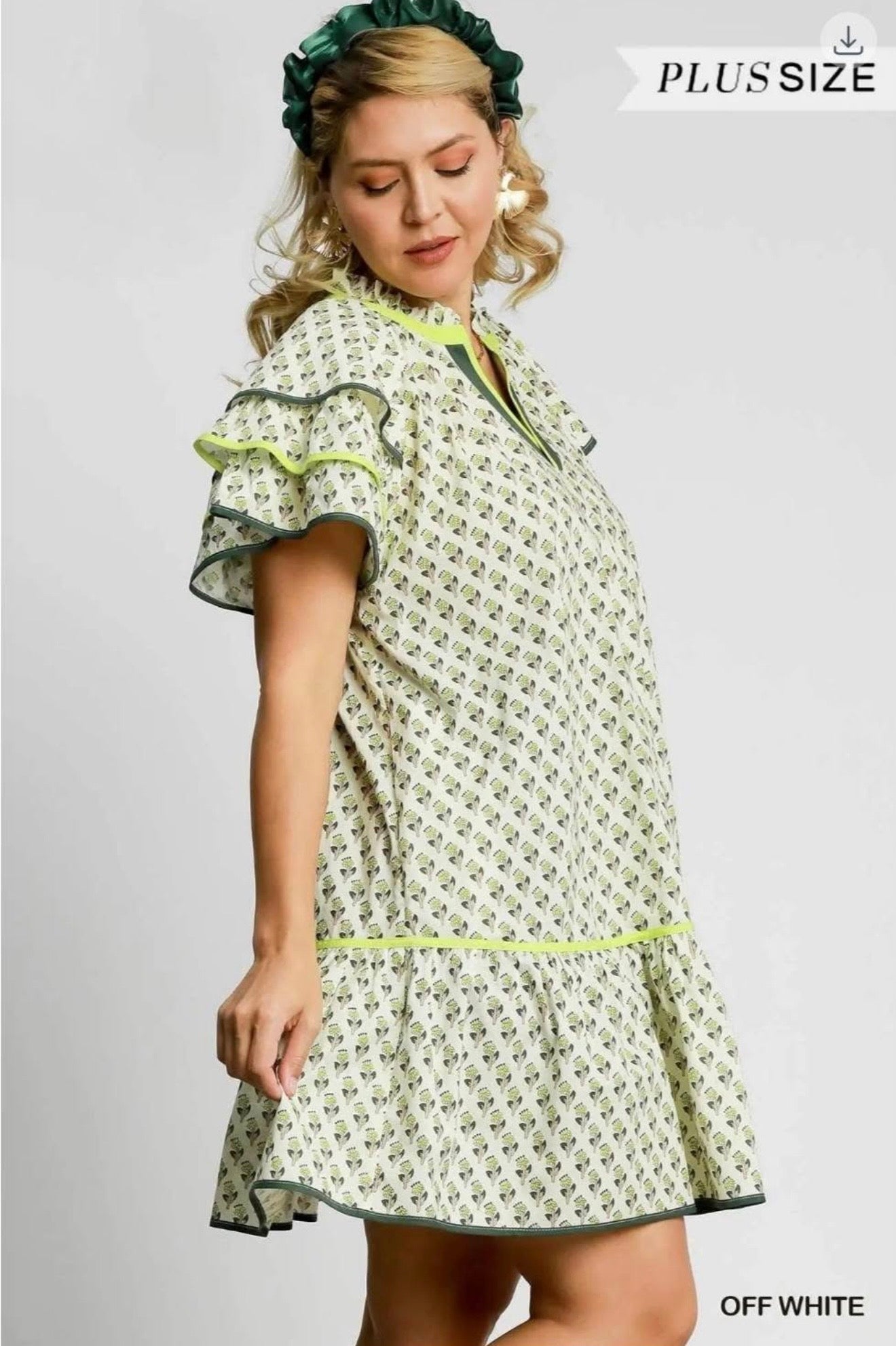 Green/Off White Mix Flutter Sleeves Mini Dress (PLUS)