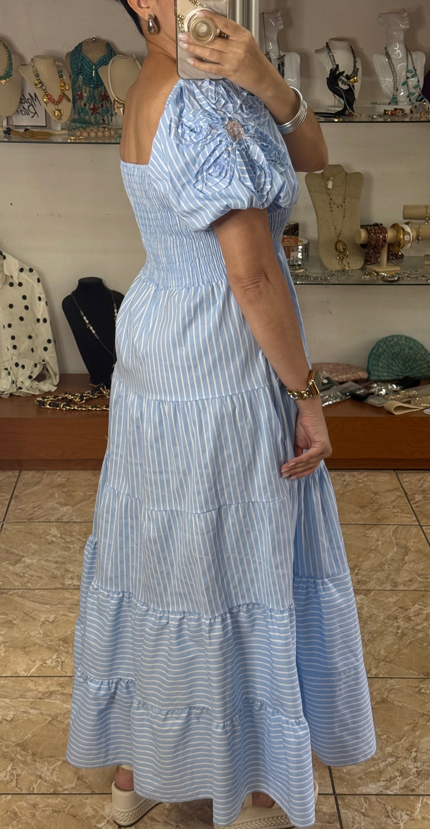 Puff Sleeves Striped OS Maxi Dress (NO RETURNS OR EXCHANGE)