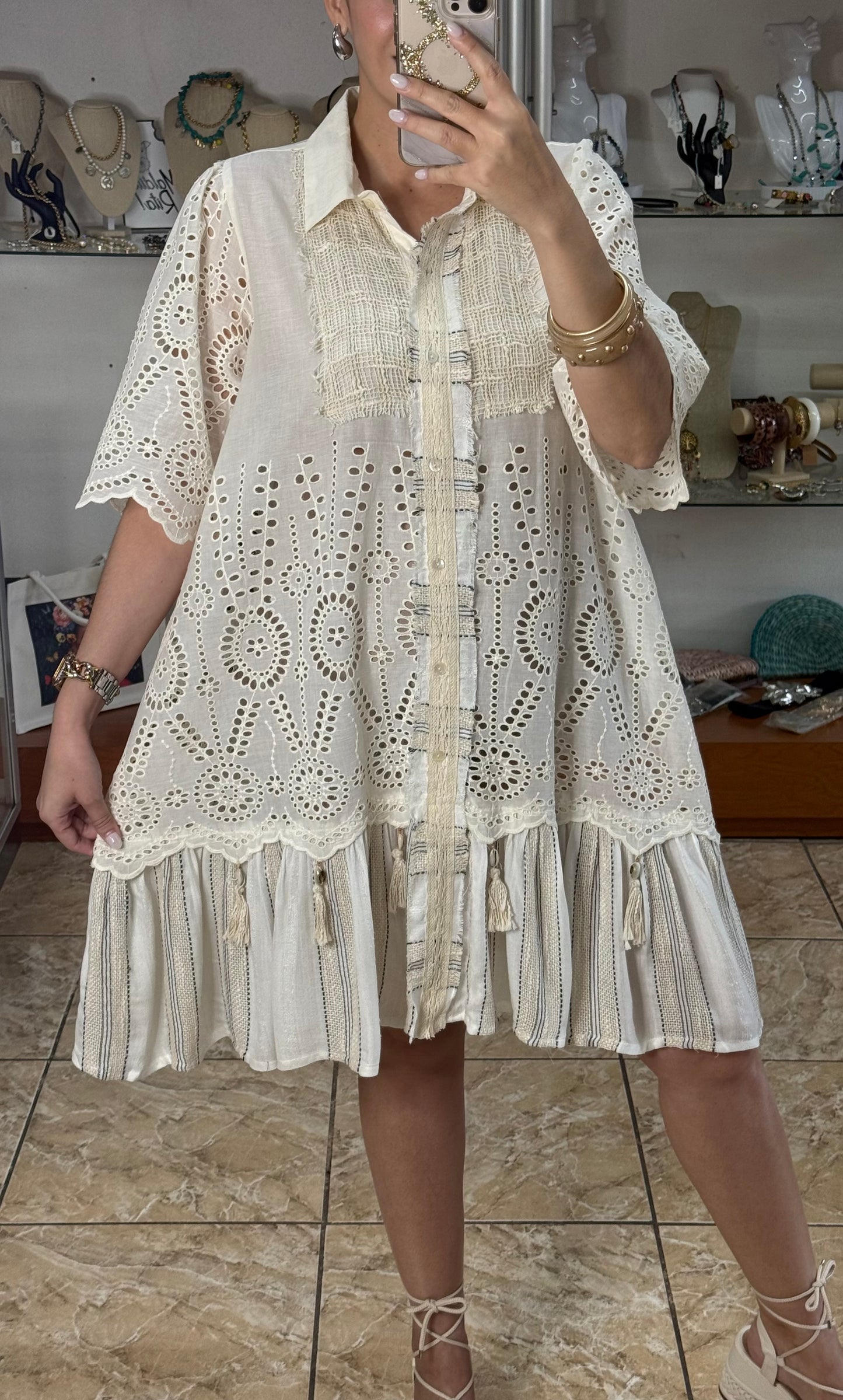 Natural Eyelet Button Down Dress