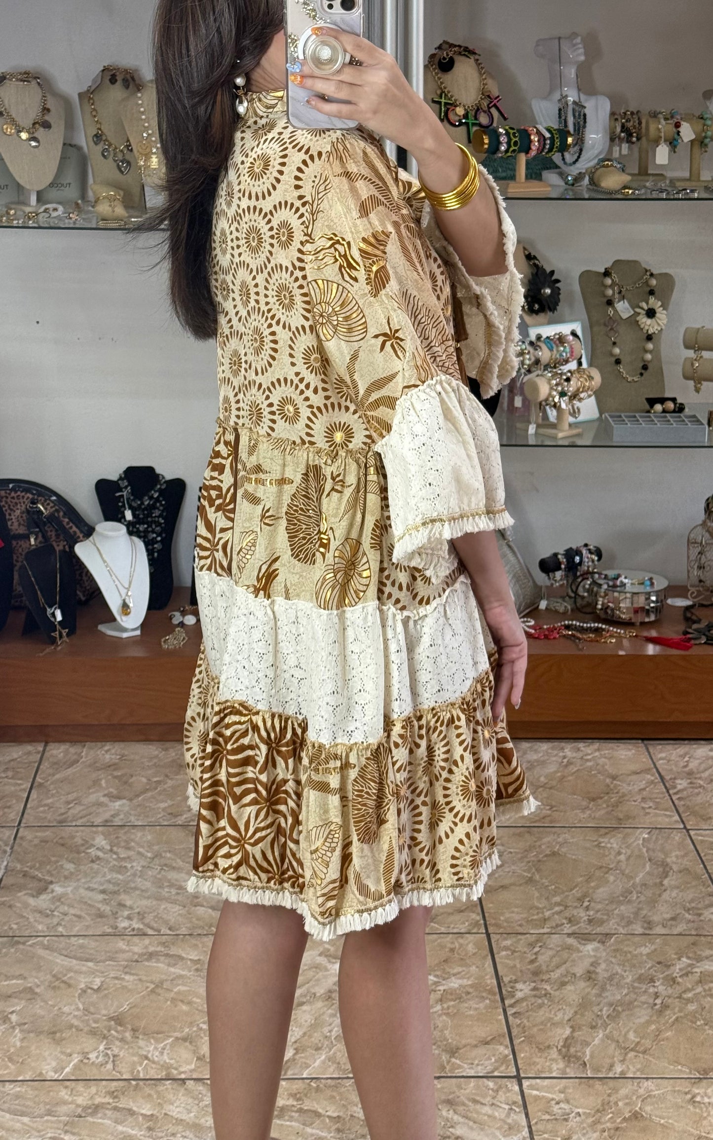 Brown/Cream/Gold OS Boho Dress