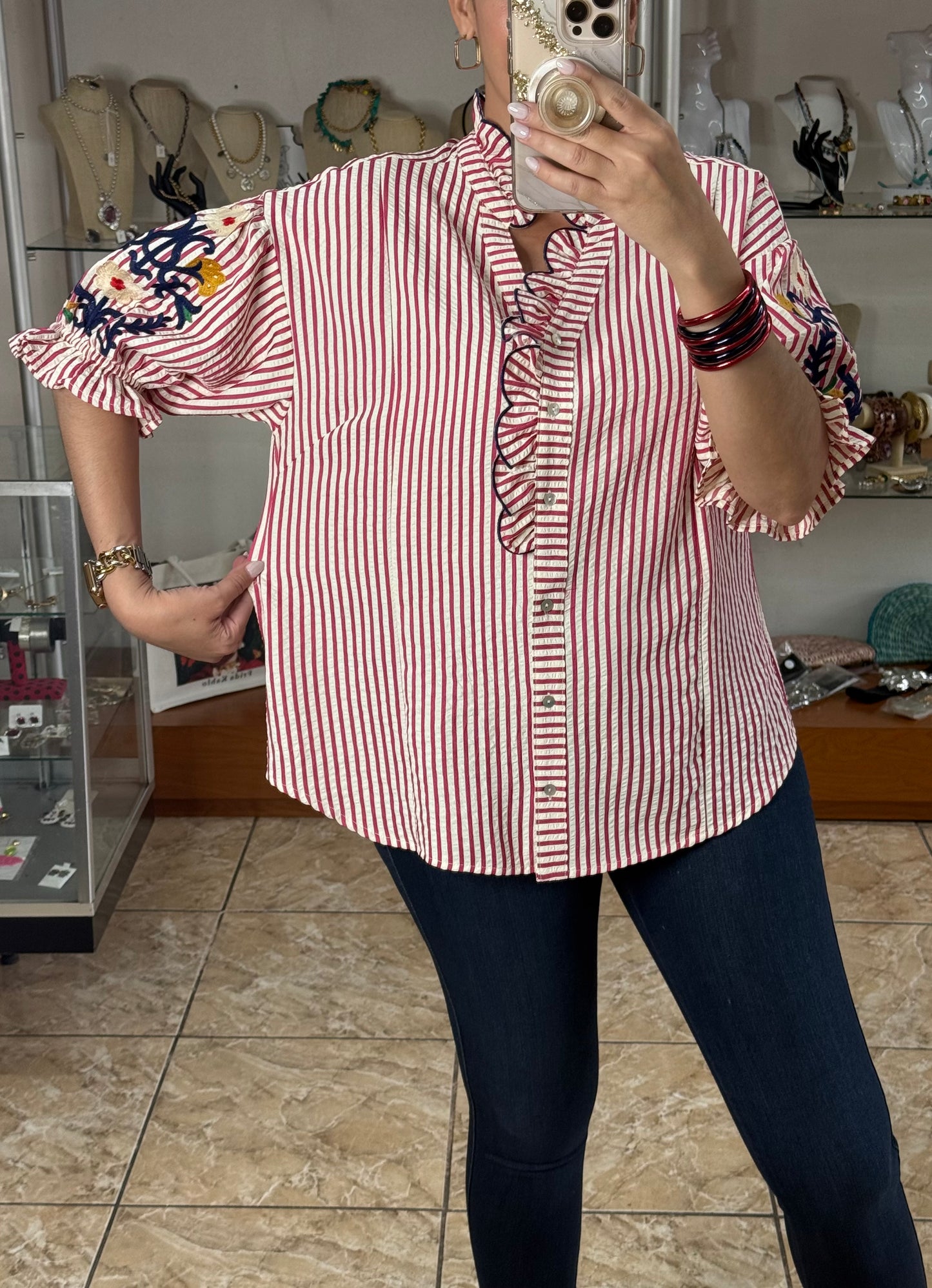 Raspberry Stripes Embroidered Sleeves Top