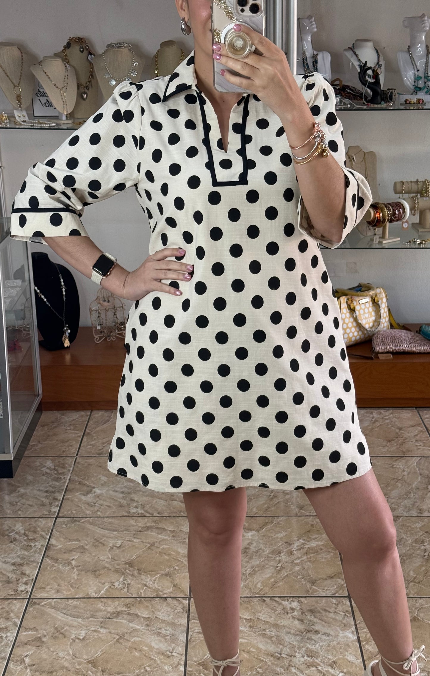 Black/Cream Polkadots Mini Dress