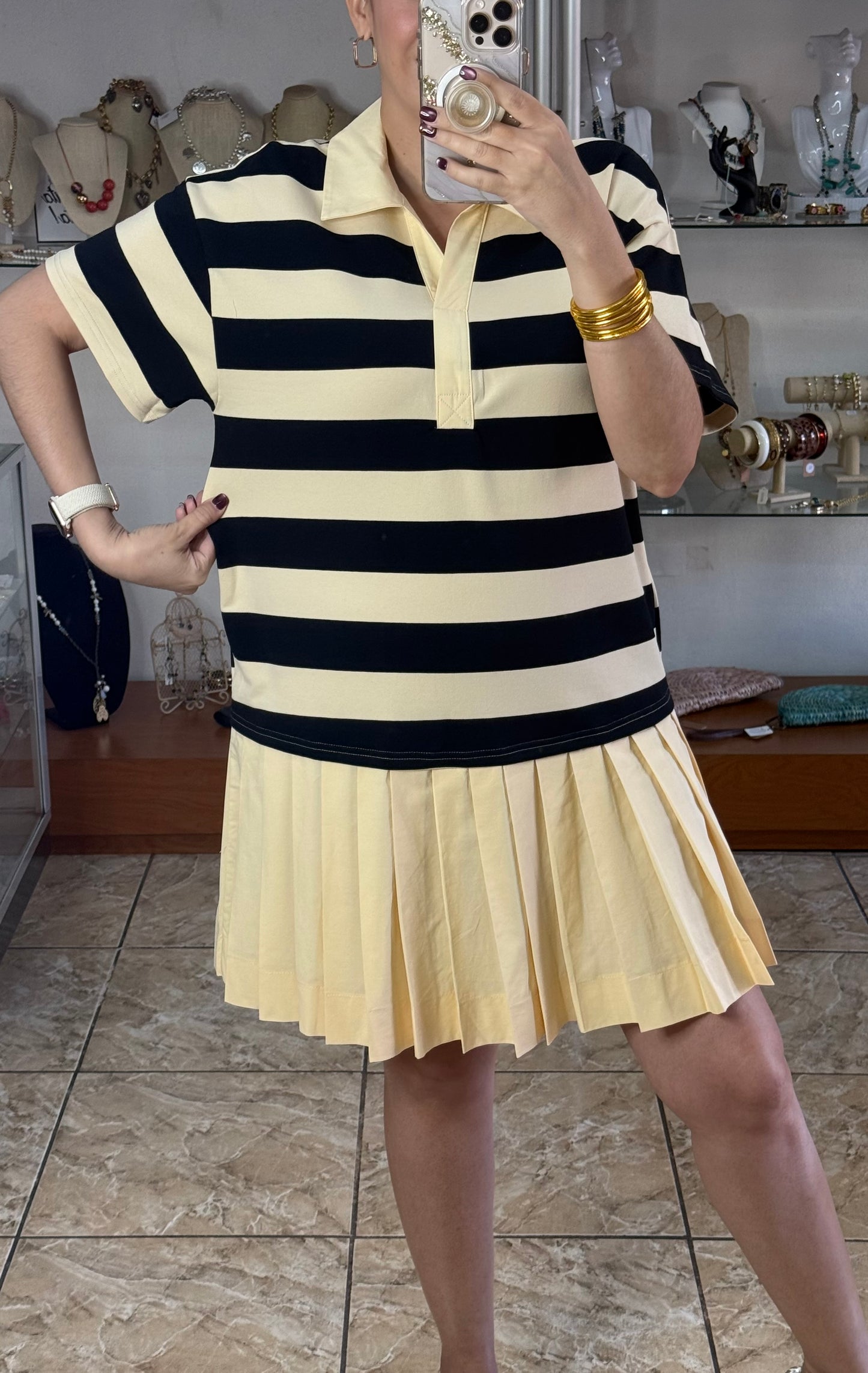 Striped Polo Pleated Mini Dress (Reg & Plus)