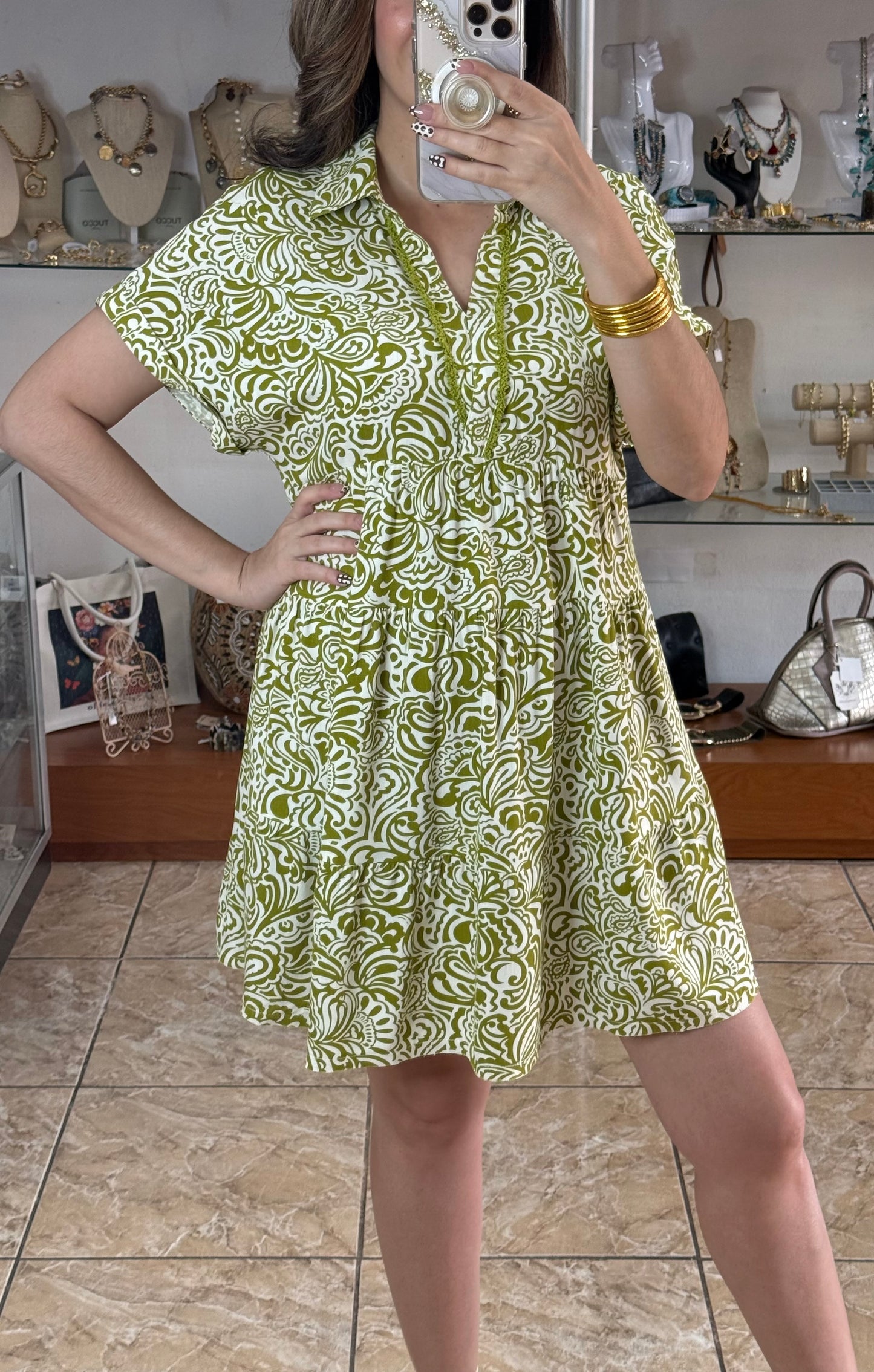 Avocado Green Printed Mini Dress