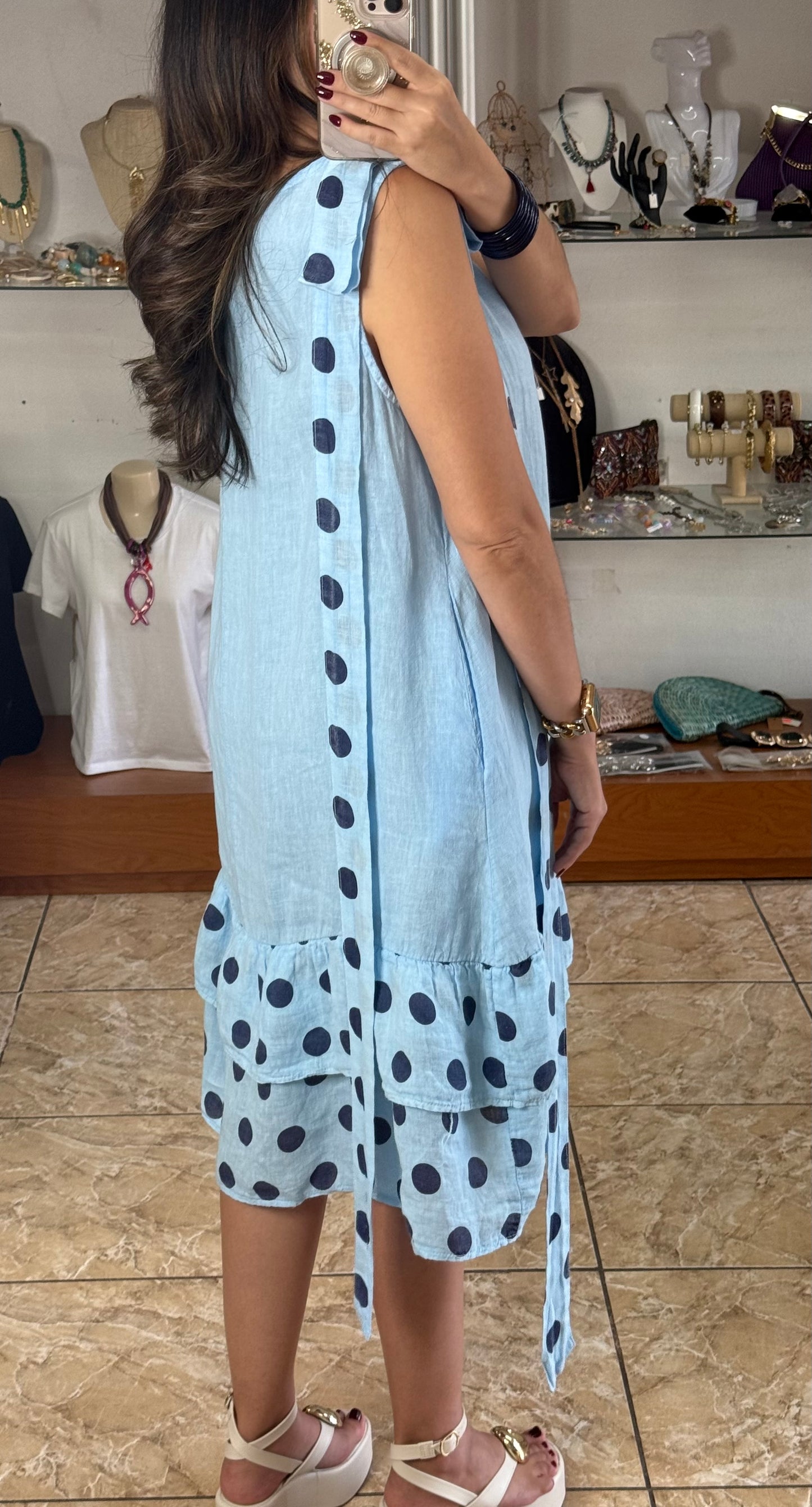 Navy Polkadots OS Linen Short Dress (NO RETURNS OR EXCHANGE)