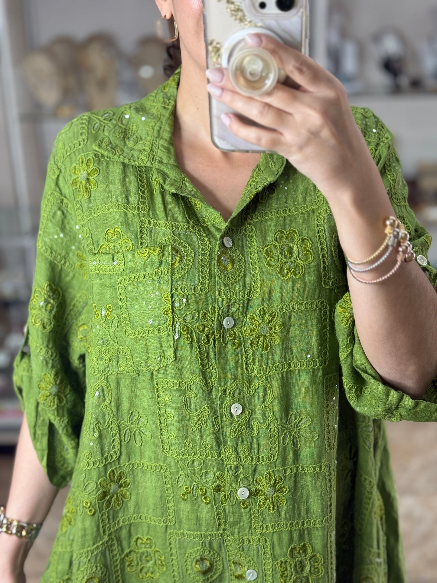 OS Sequins Embroidered Linen Maxi Dress (NO RETURNS OR EXCHANGE)