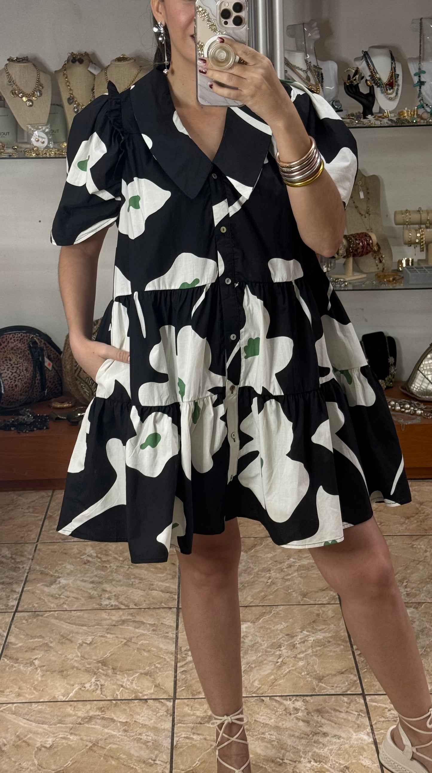 Puff Sleeves Black Floral Mini Doll Dress