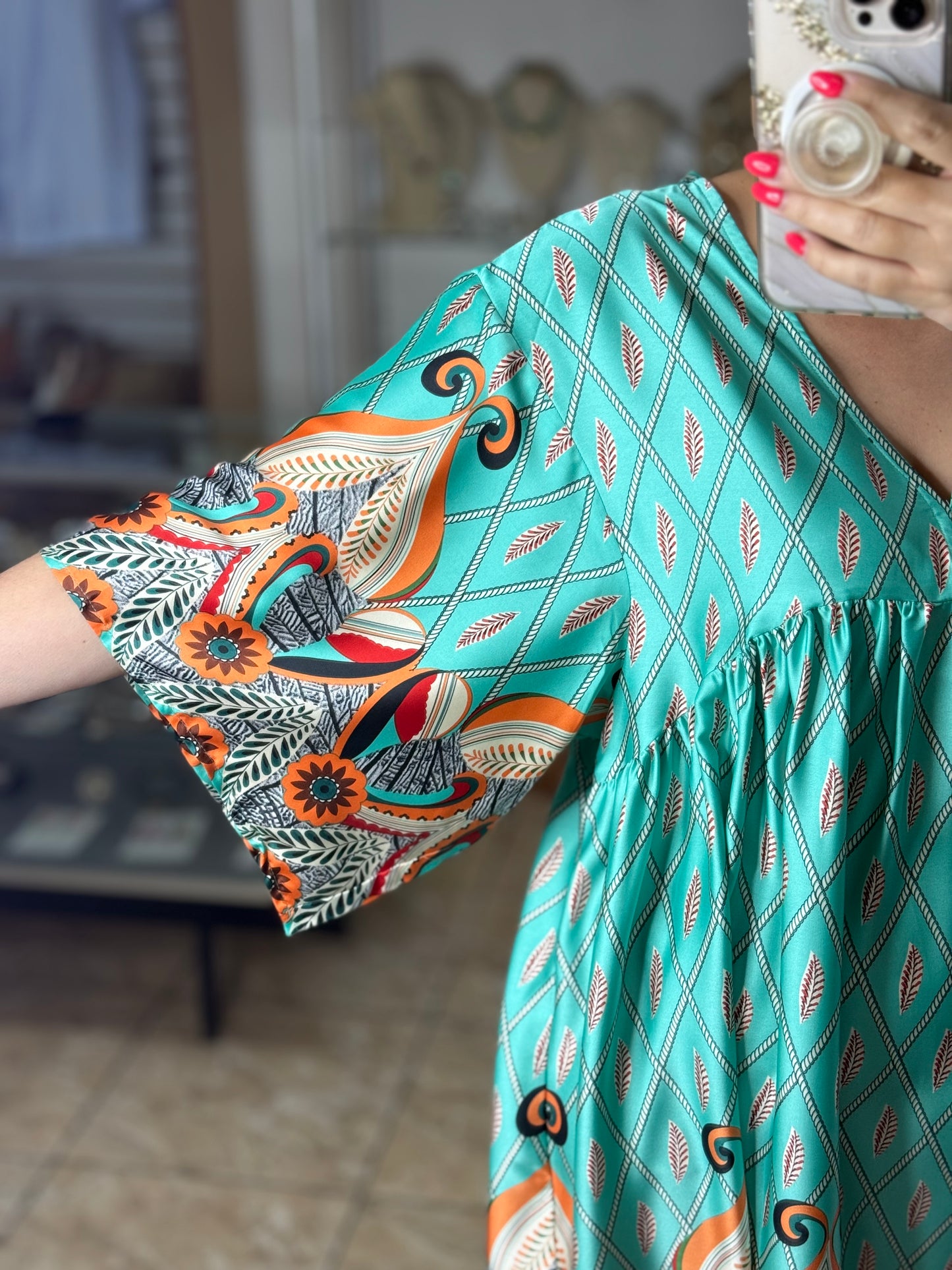 Mint Mix Kimono Sleeve Mini Dress