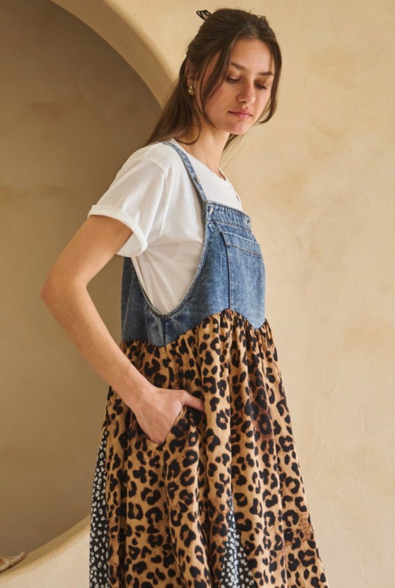 Denim Leopard Overall Dress (PLUS)