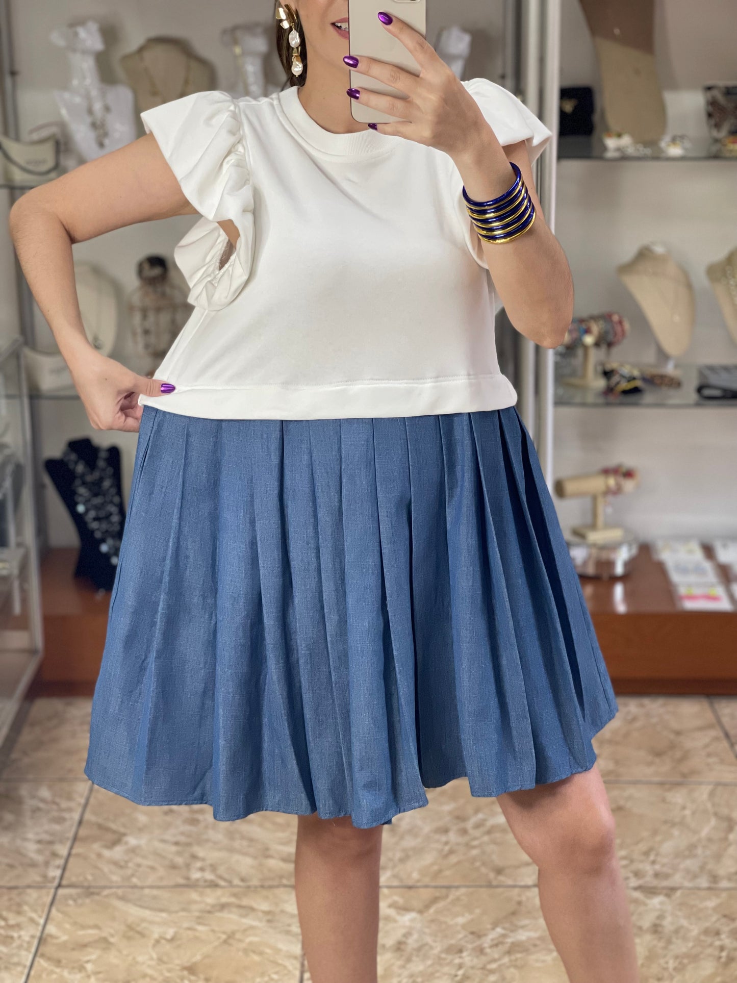 Ruffle Sleeve White/Denim Dress