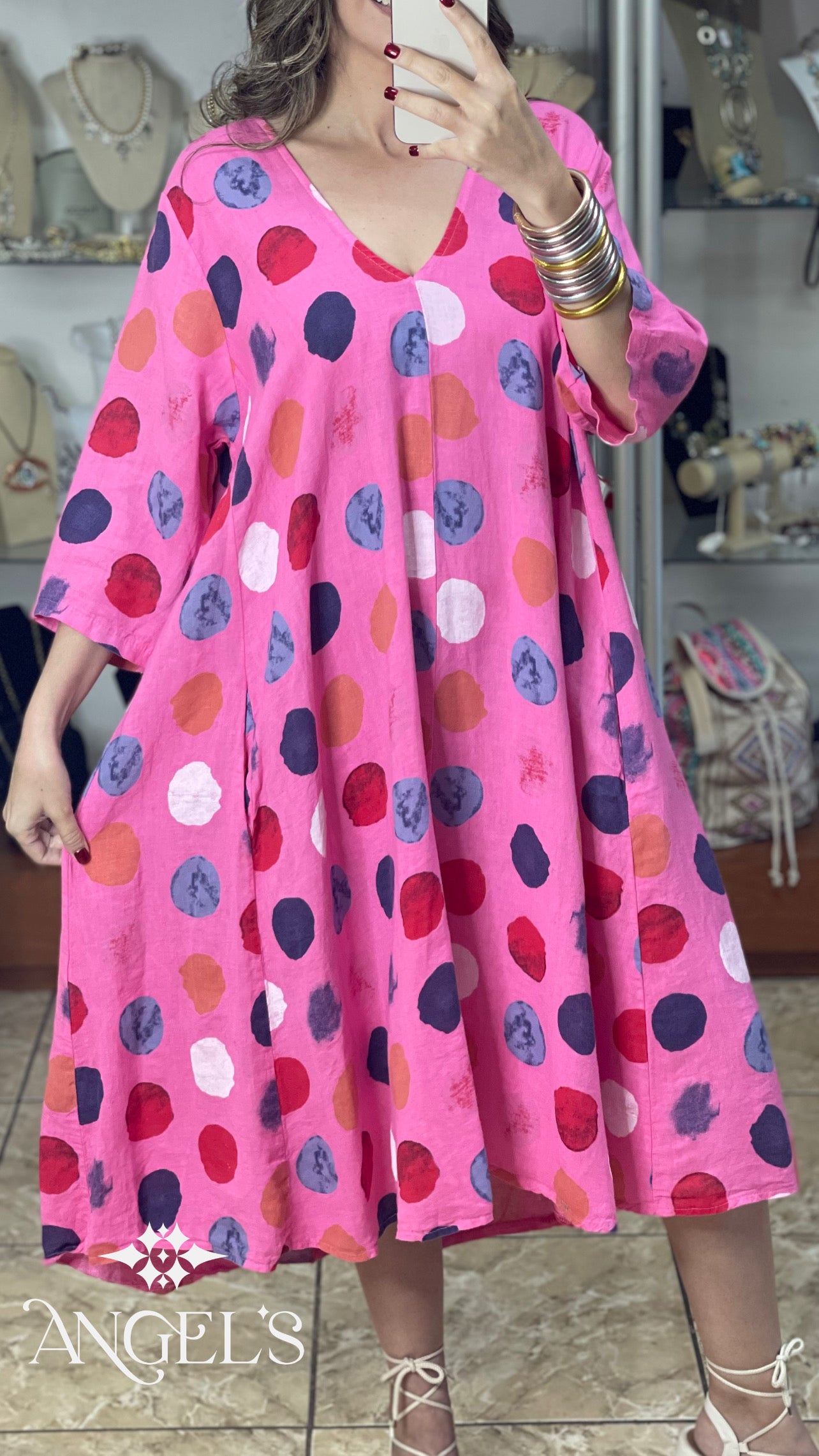 Pink Multi Polka OS Linen Dress