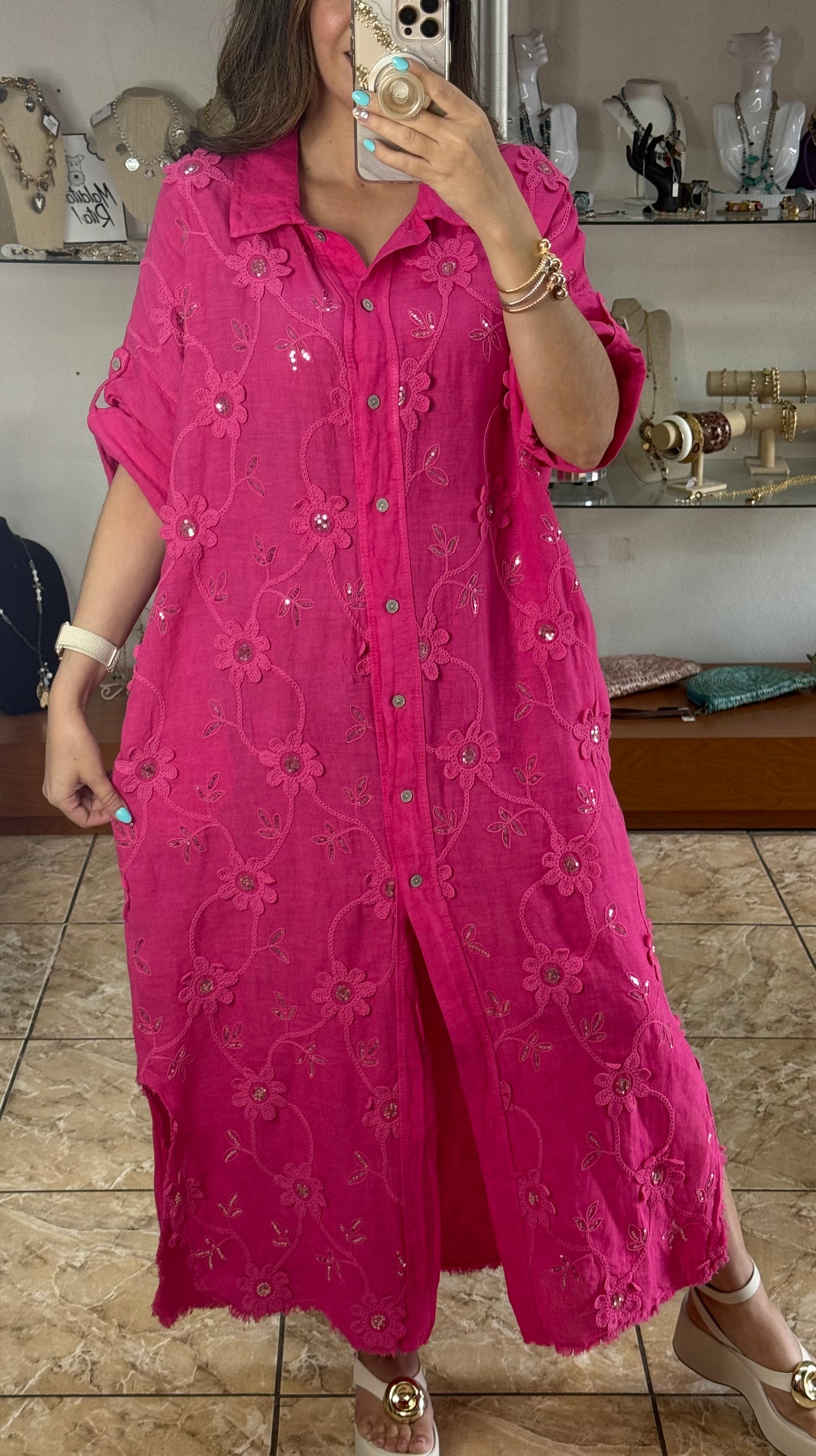 OS Embroidered/Sequins Linen Maxi Dress (NO RETURNS OR EXCHANGE)