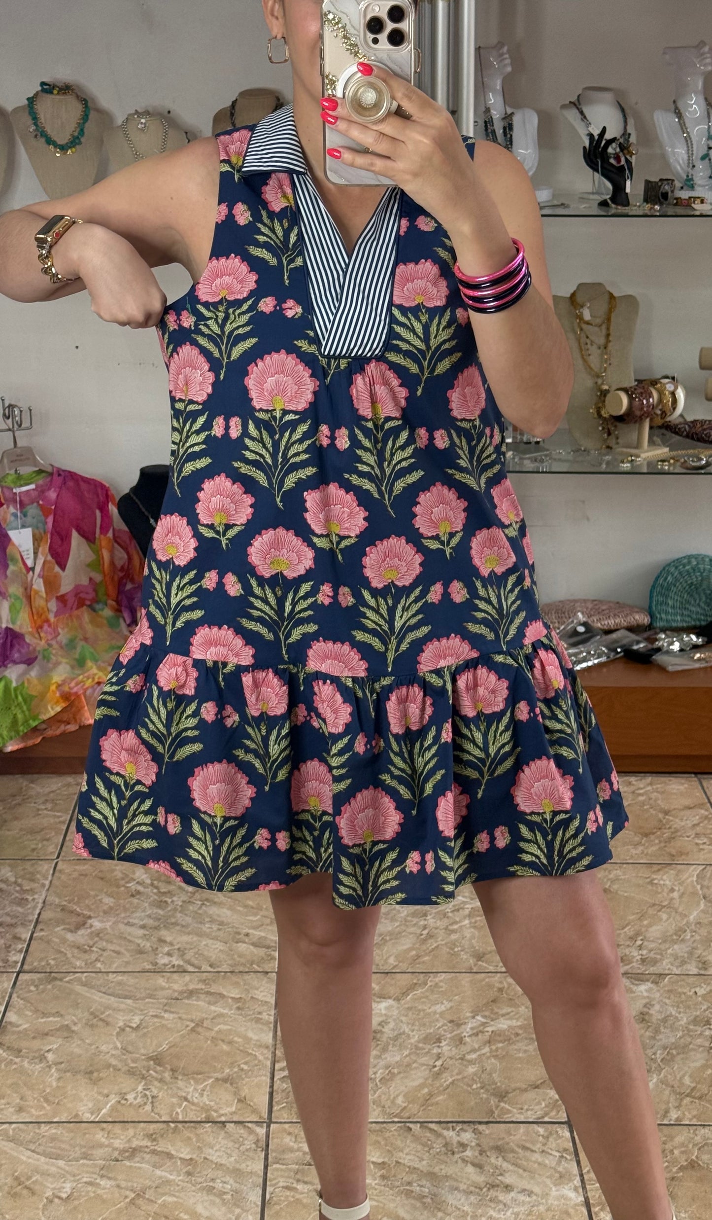 Navy Floral/Stripes Sleeveless Mini Dress