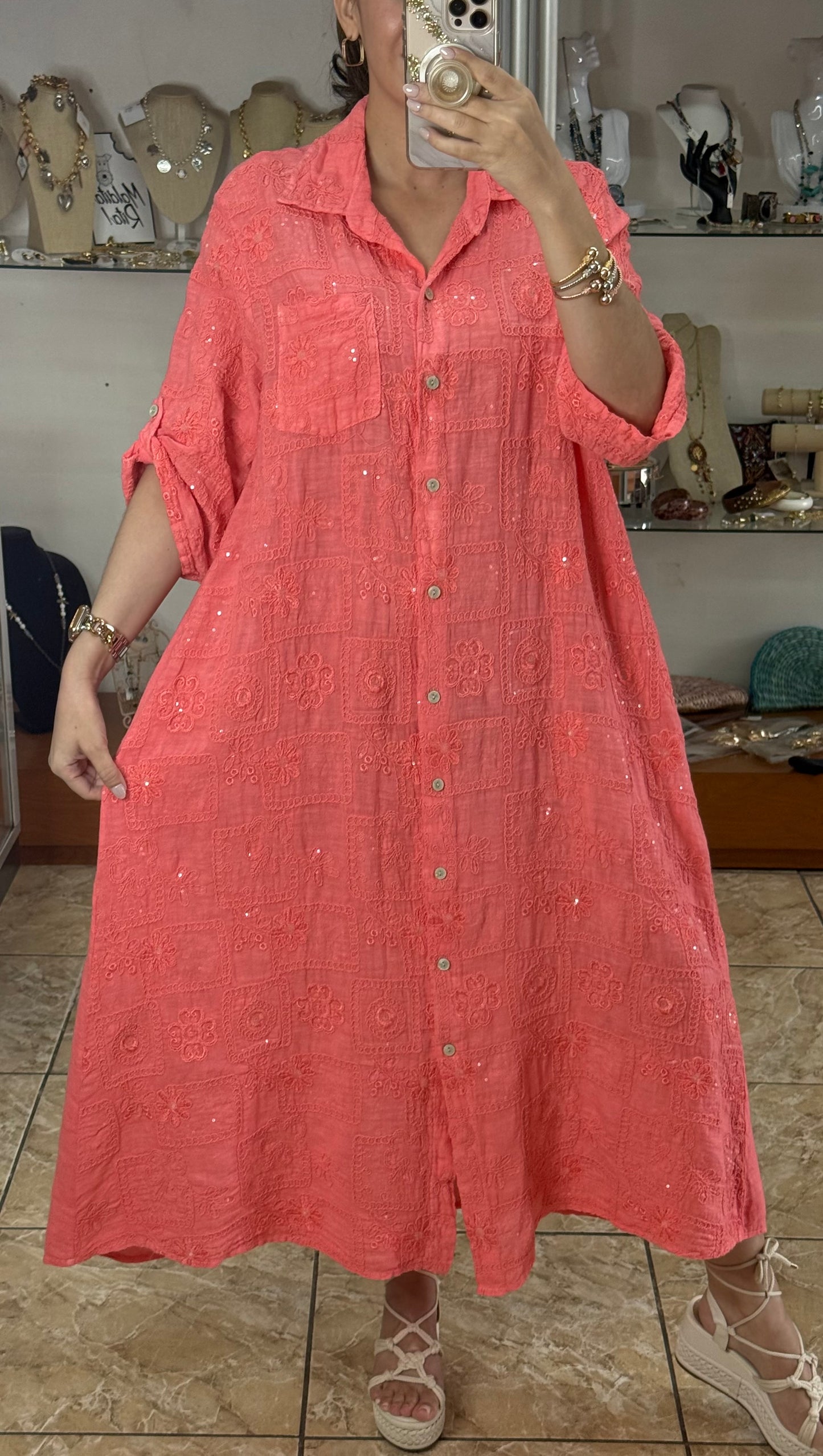 OS Sequins Embroidered Linen Maxi Dress (NO RETURNS OR EXCHANGE)