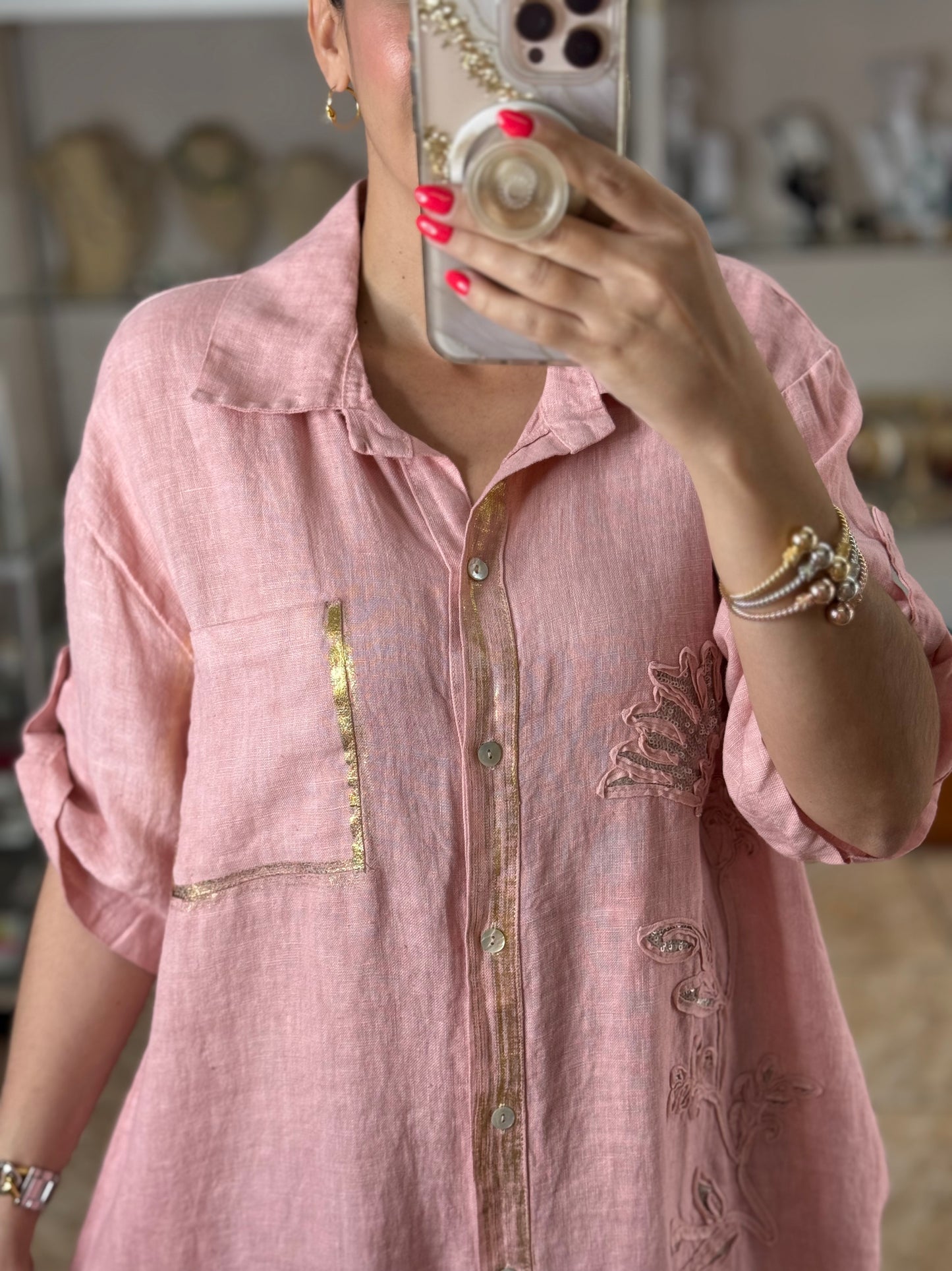 Gold Details Button Down OS Linen Maxi Dress (NO RETURNS OR EXCHANGE)