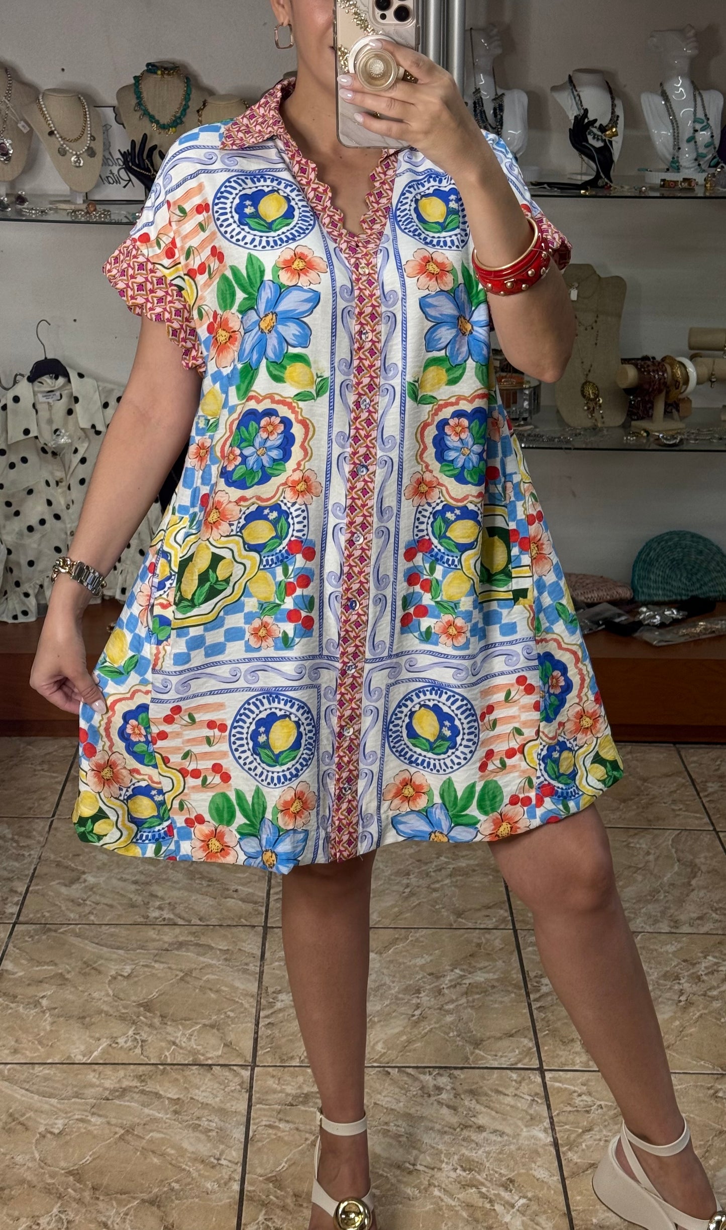 Blue Mix Mediterranean Print Dress