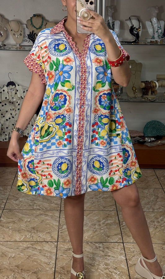 Blue Mix Mediterranean Print Dress