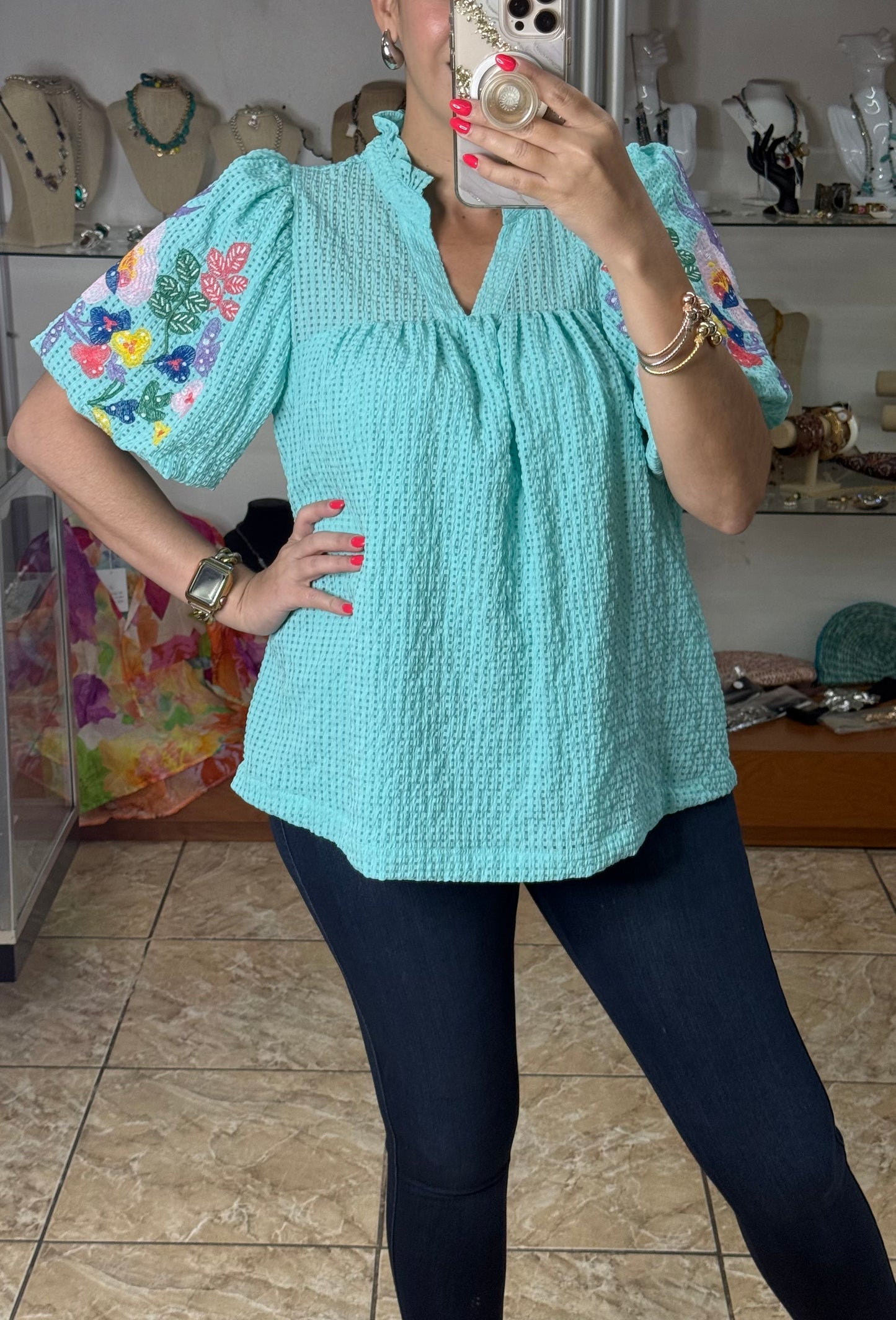 Mint Blue Embroidered Top