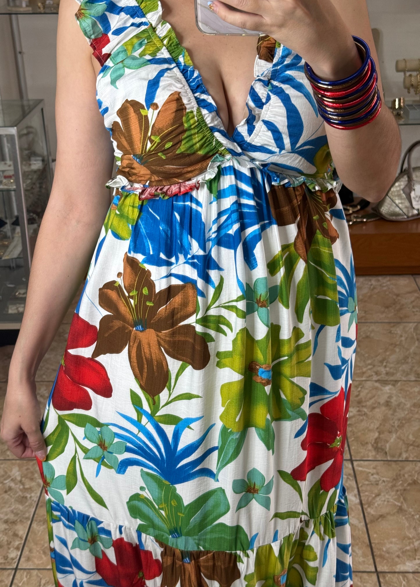 Tropical Floral Open Back Maxi Dress