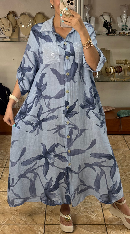 Blue Linen OS Button Down Maxi Dress (FINAL SALE)