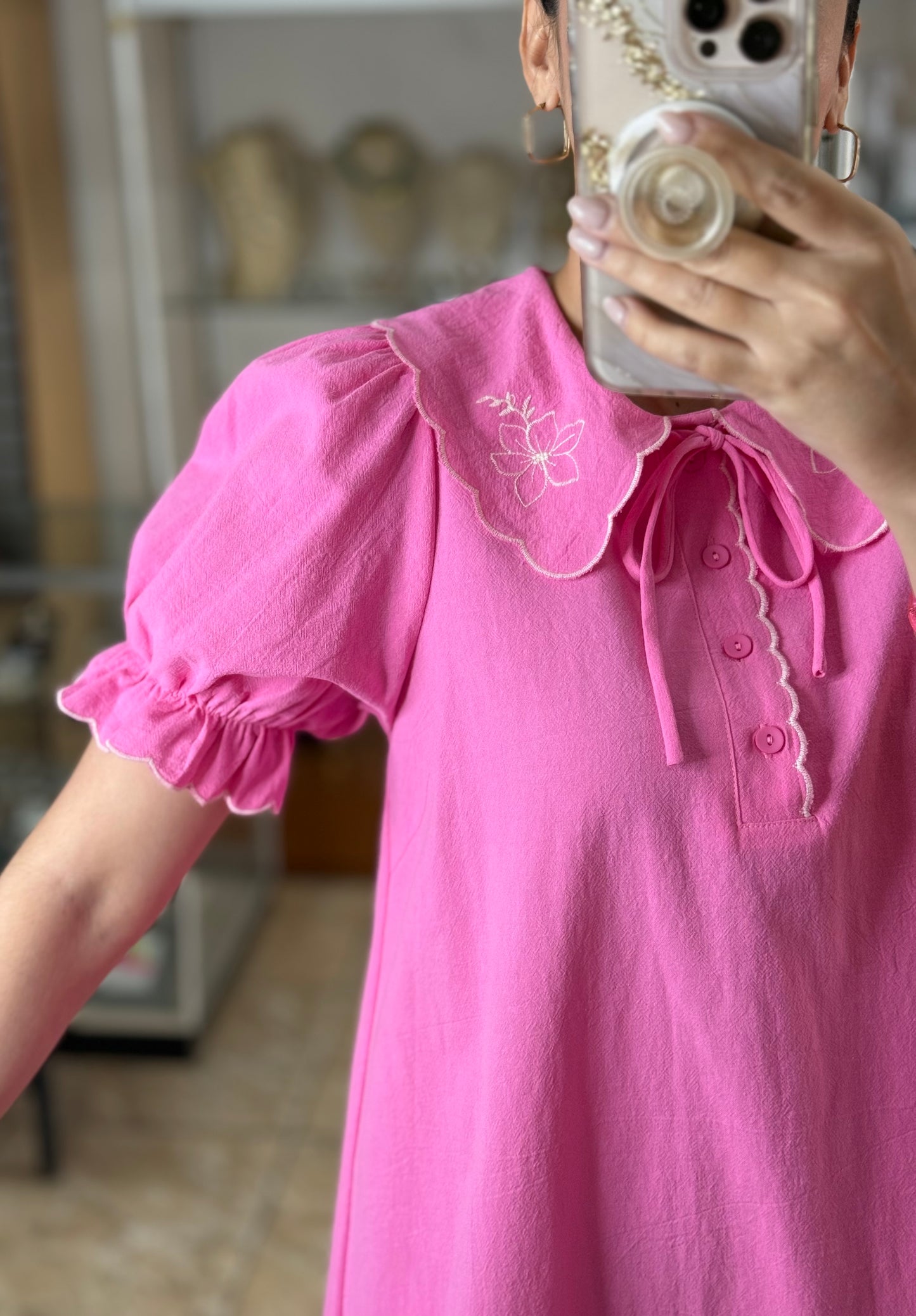 Pink Embroidered Collared Mini Dress