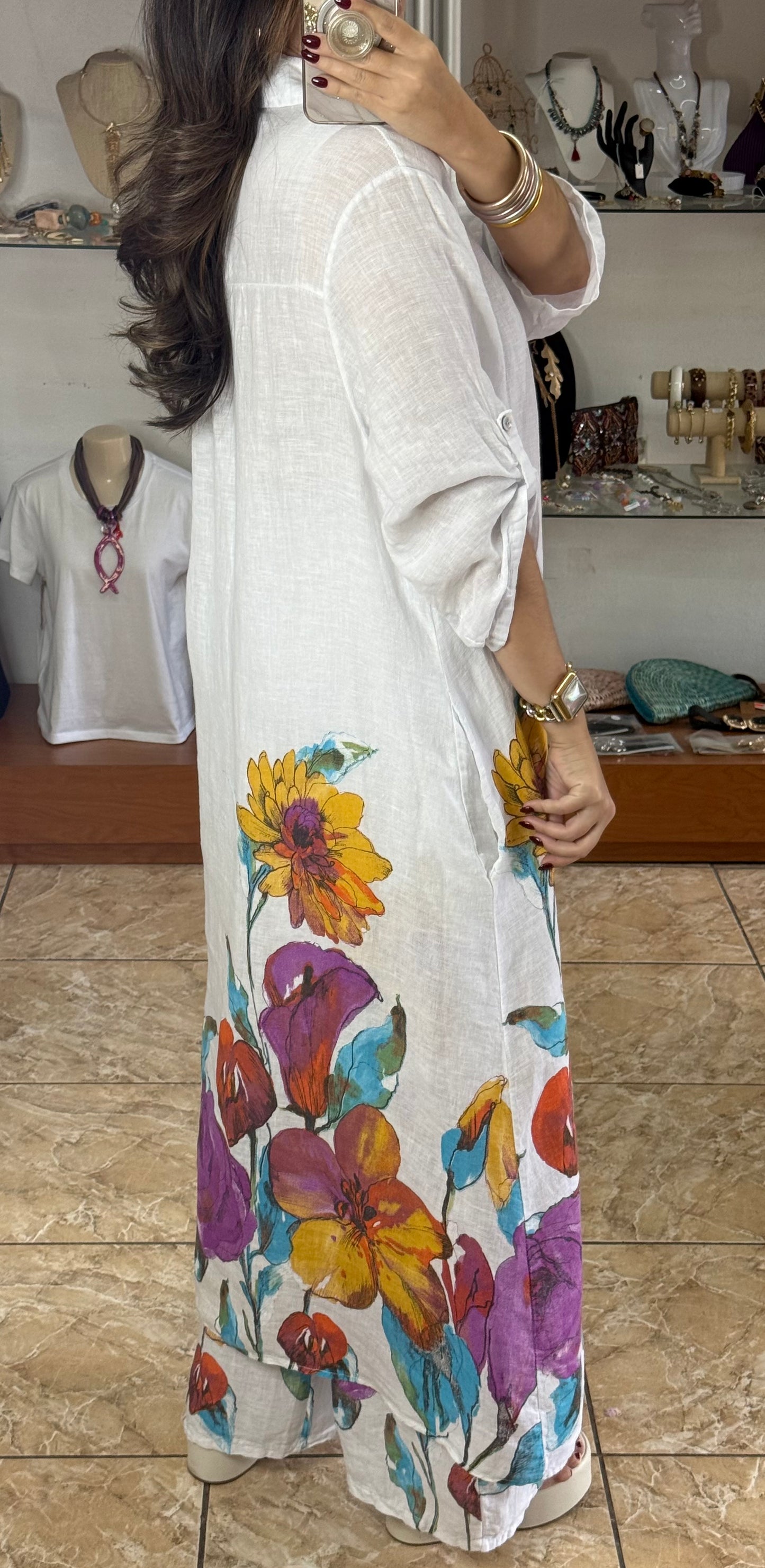 OS Shirt Dress & Pant Floral Linen Set (NO RETURNS OR EXCHANGE)