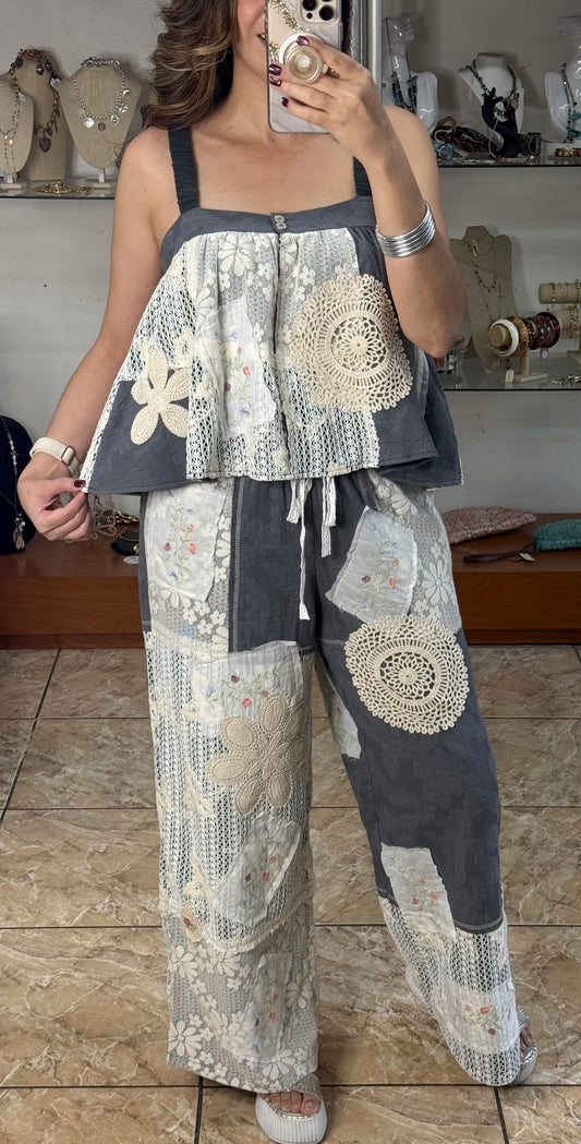 Charcoal Grey Crochet Details Pant Set (FINAL SALE)