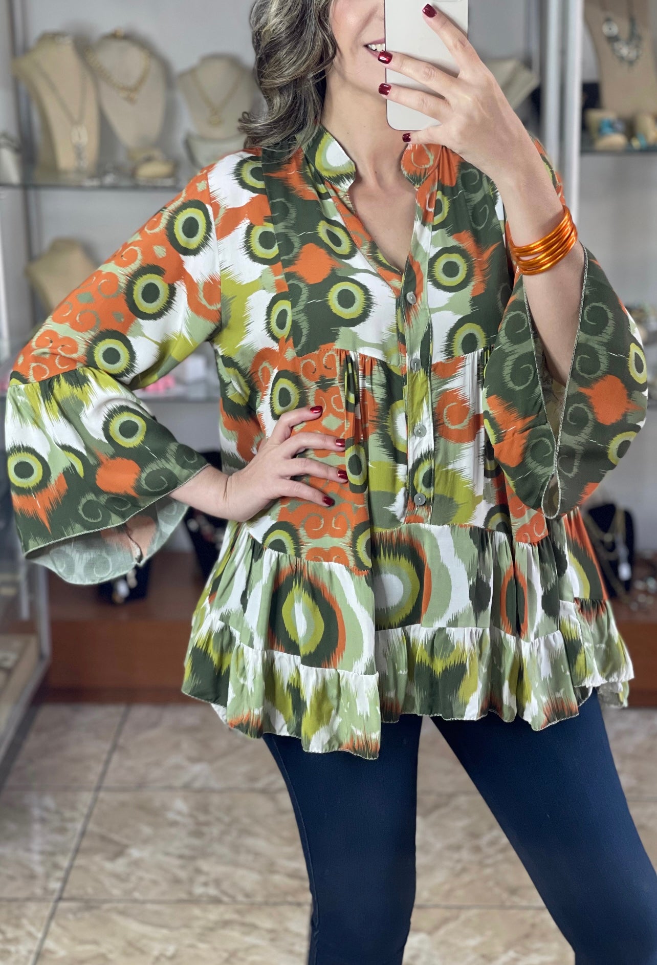 Geometric Green/Orange OS Top