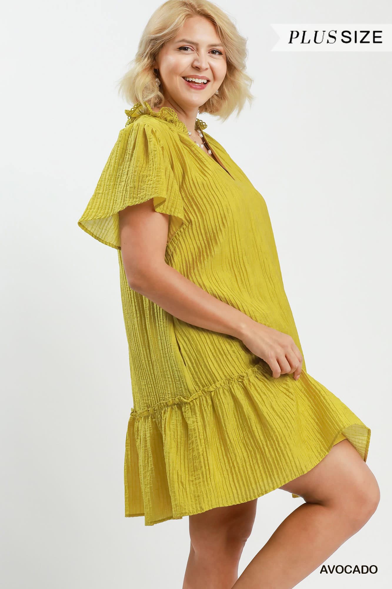 Avocado Textured Ruffle Hem Mini Dress (PLUS)