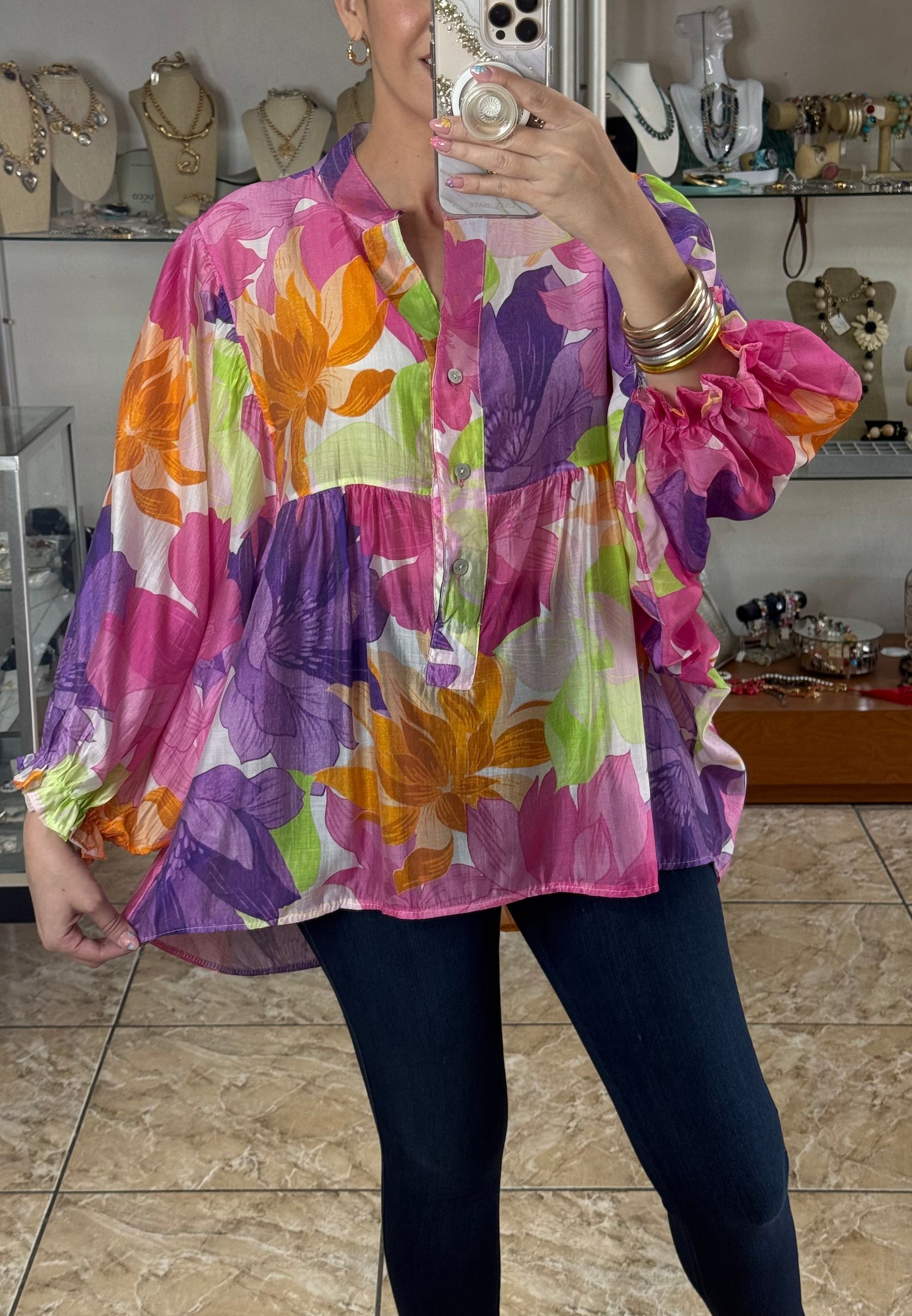 Purple/Pink Floral OS Tunic Top (FINAL SALE)