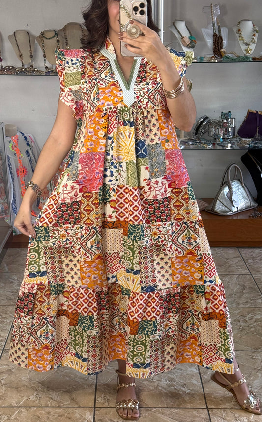 Patchwork Print Ruffle Sleeve Tiered Midi Dress