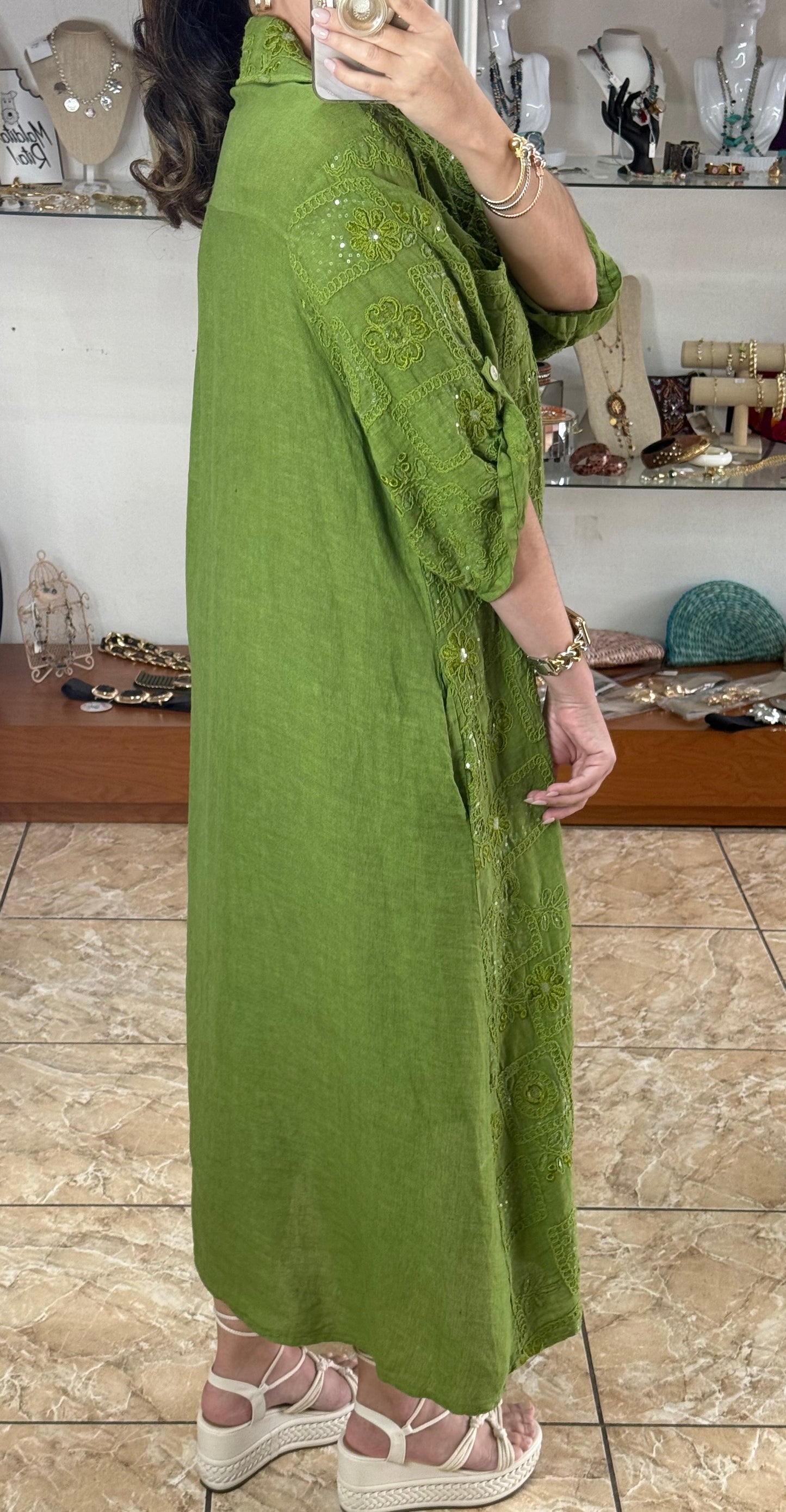 OS Sequins Embroidered Linen Maxi Dress (NO RETURNS OR EXCHANGE)
