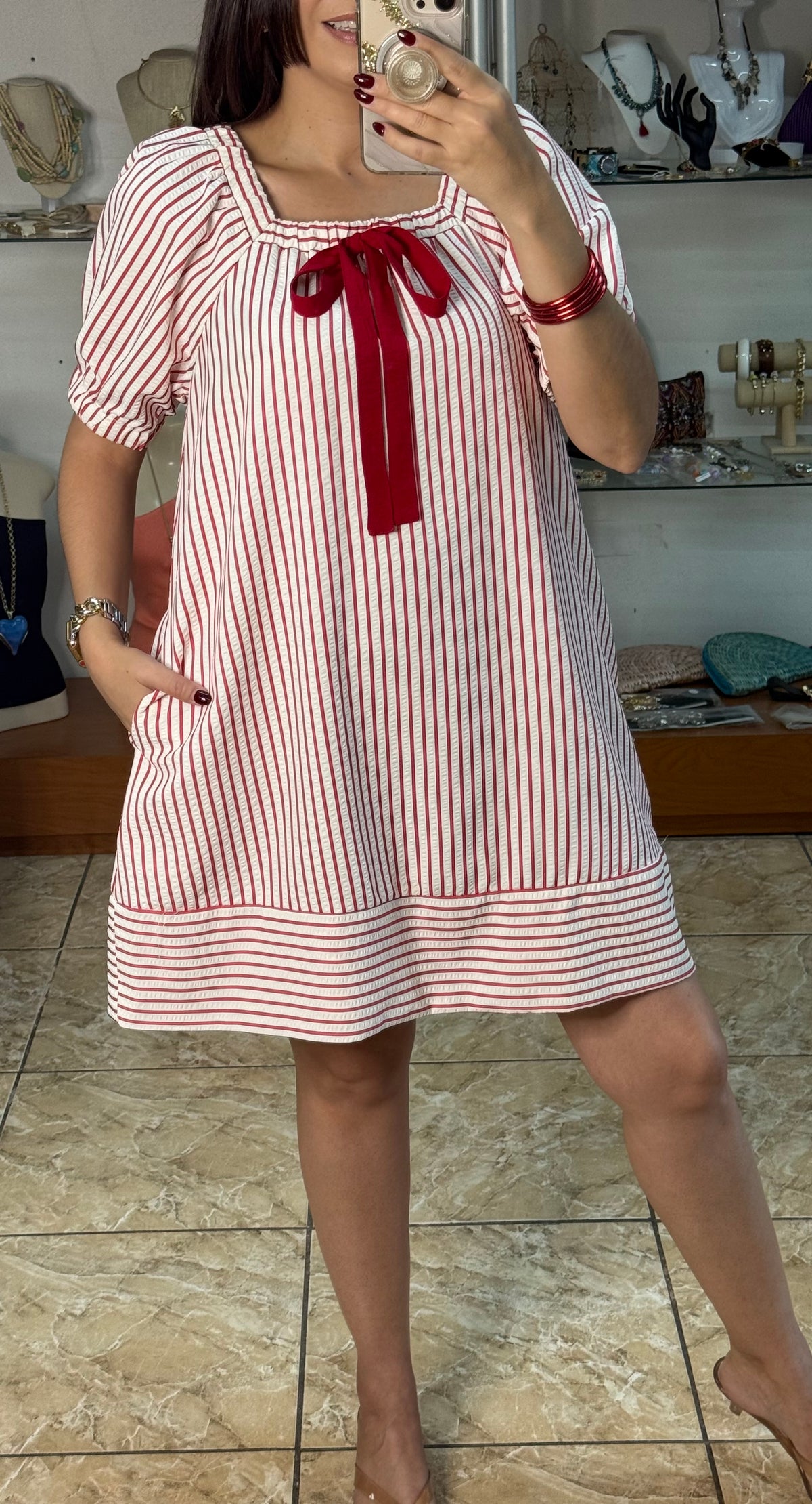 Red Bow & Stripes Mini Dress