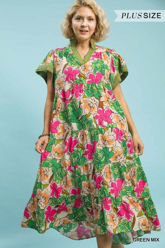Green Mix Floral Tiered Midi Dress (PLUS)